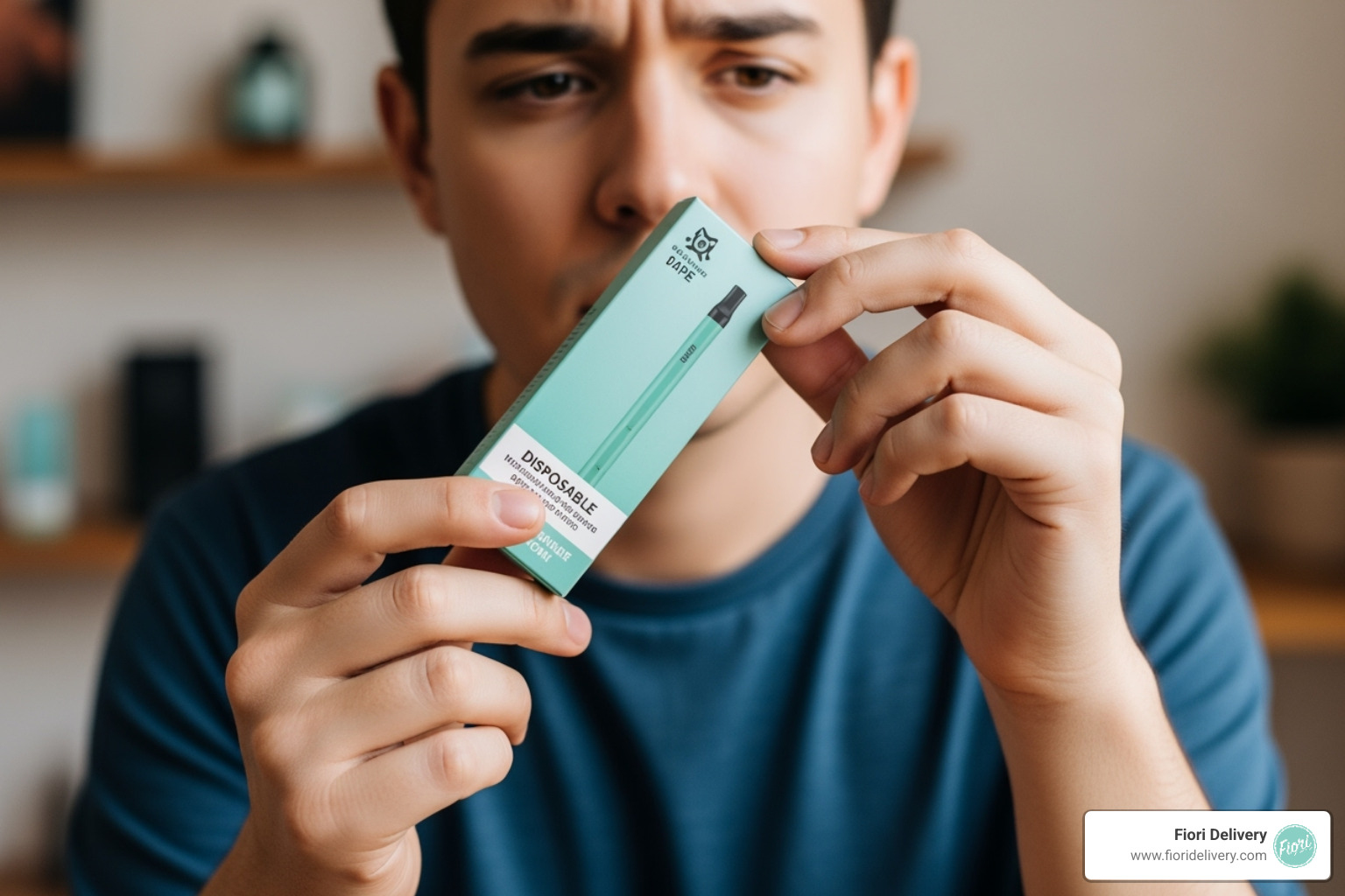A person with a thoughtful expression examining the packaging of a disposable vape pen, with a blurred background suggesting a home or retail environment - Disposable weed vapes online