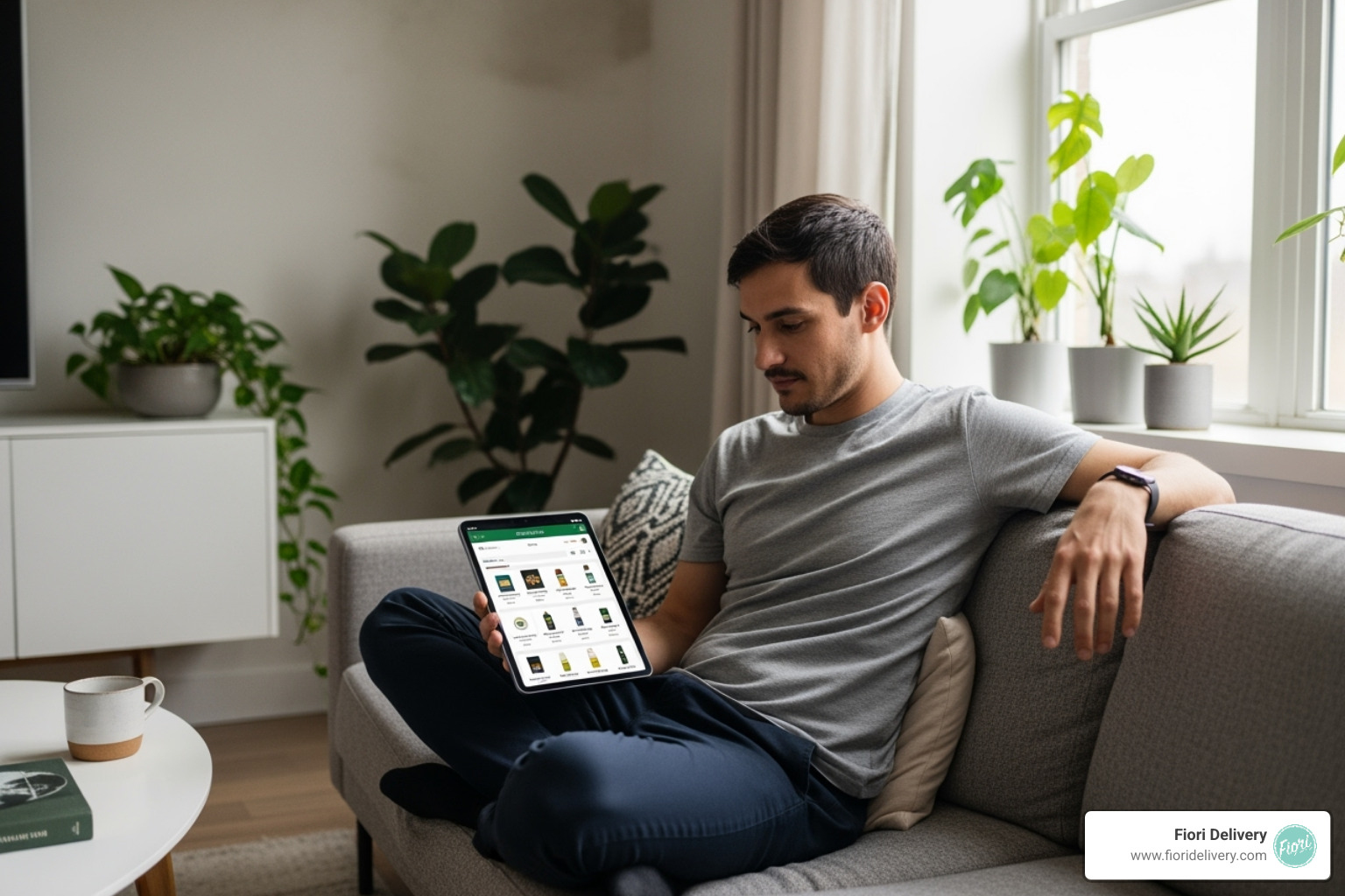 A person comfortably sitting on a couch, browsing a cannabis delivery menu on their tablet, with a subtle, modern aesthetic in the background - Disposable weed vapes online