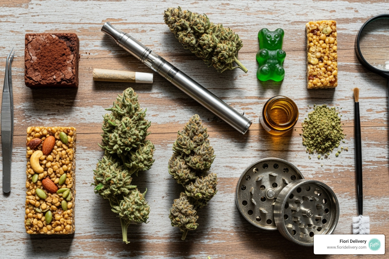 A flat lay showcasing various cannabis products like flower, a vape pen, and edibles - weed delivery near me