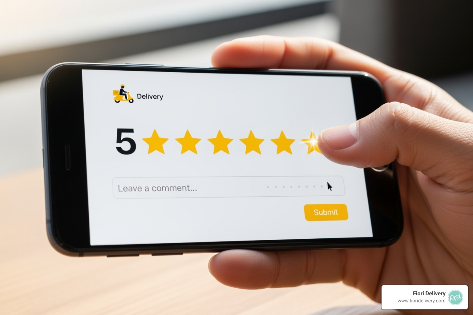 A person's hand holding a phone displaying a 5-star review for a delivery service - weed delivery near me