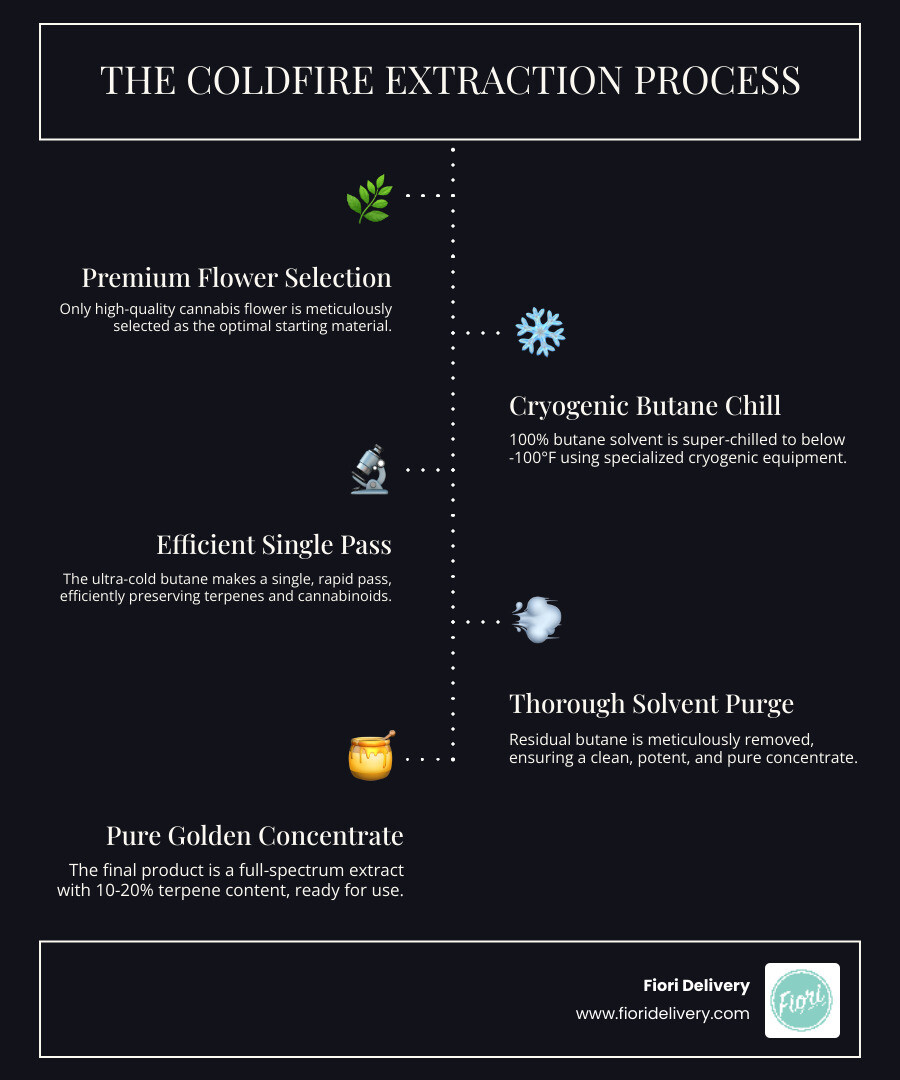 Detailed infographic showing the coldfire extraction process: Step 1 shows premium cannabis flower selection, Step 2 illustrates butane being chilled to below -100°F in cryogenic equipment, Step 3 demonstrates the single-pass extraction preserving terpenes and cannabinoids, Step 4 shows solvent purging process, and Step 5 displays the final golden concentrate with 10-20% terpene content ready for cartridge filling - coldfire extraction infographic infographic-line-5-steps-dark