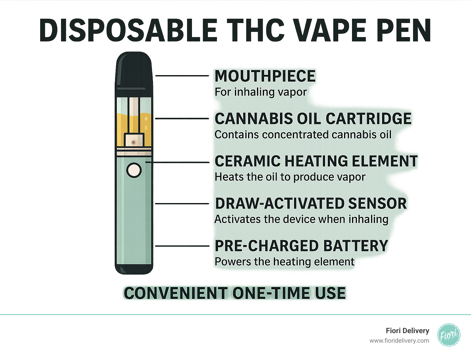 Infographic showing the basic components of a disposable THC vape pen including pre-charged battery, ceramic heating element, cannabis oil cartridge, draw-activated sensor, and mouthpiece, with labels explaining how each component works together for convenient one-time use - disposable thc vape pen california infographic 