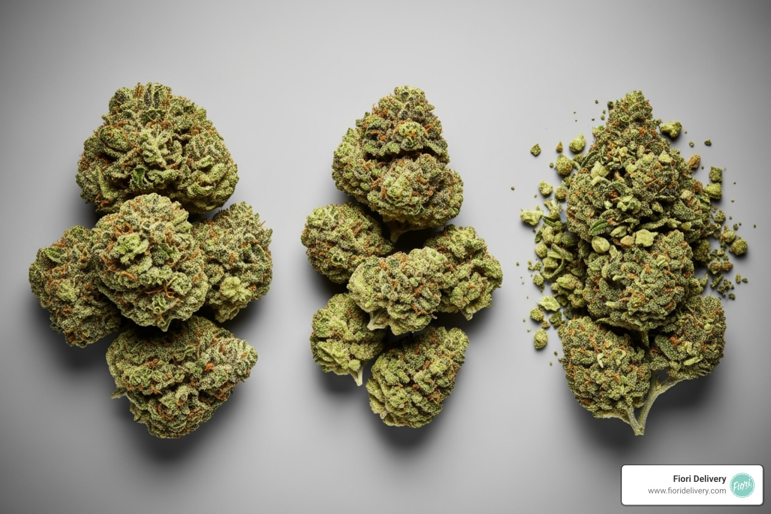 Image comparing the appearance of premium full flower, smalls (popcorn), and shake - cannabis ounce deals near me