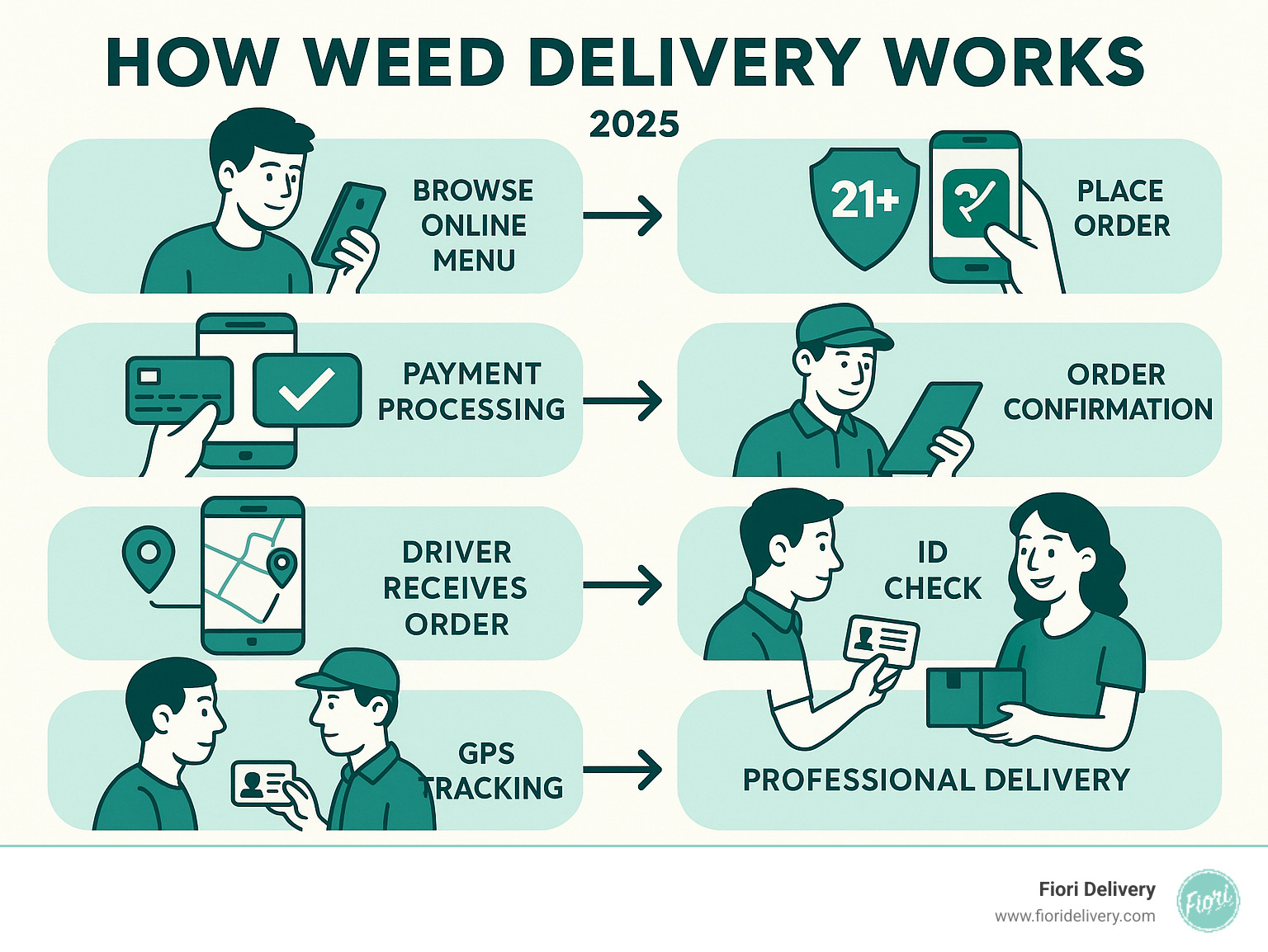 Infographic showing the complete weed delivery process: customer browses online menu on phone, places order with age verification, payment processing, order confirmation, delivery driver receives order, GPS tracking shows route to customer's location, professional delivery with ID check, and satisfied customer receiving discreet package - weed delivery near me infographic 