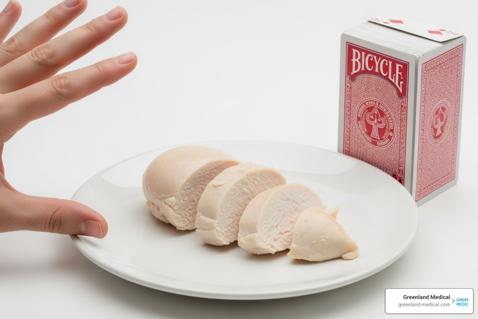 comparing a 3-ounce portion of chicken breast to a deck of cards or the palm of your hand - calories in chicken breast