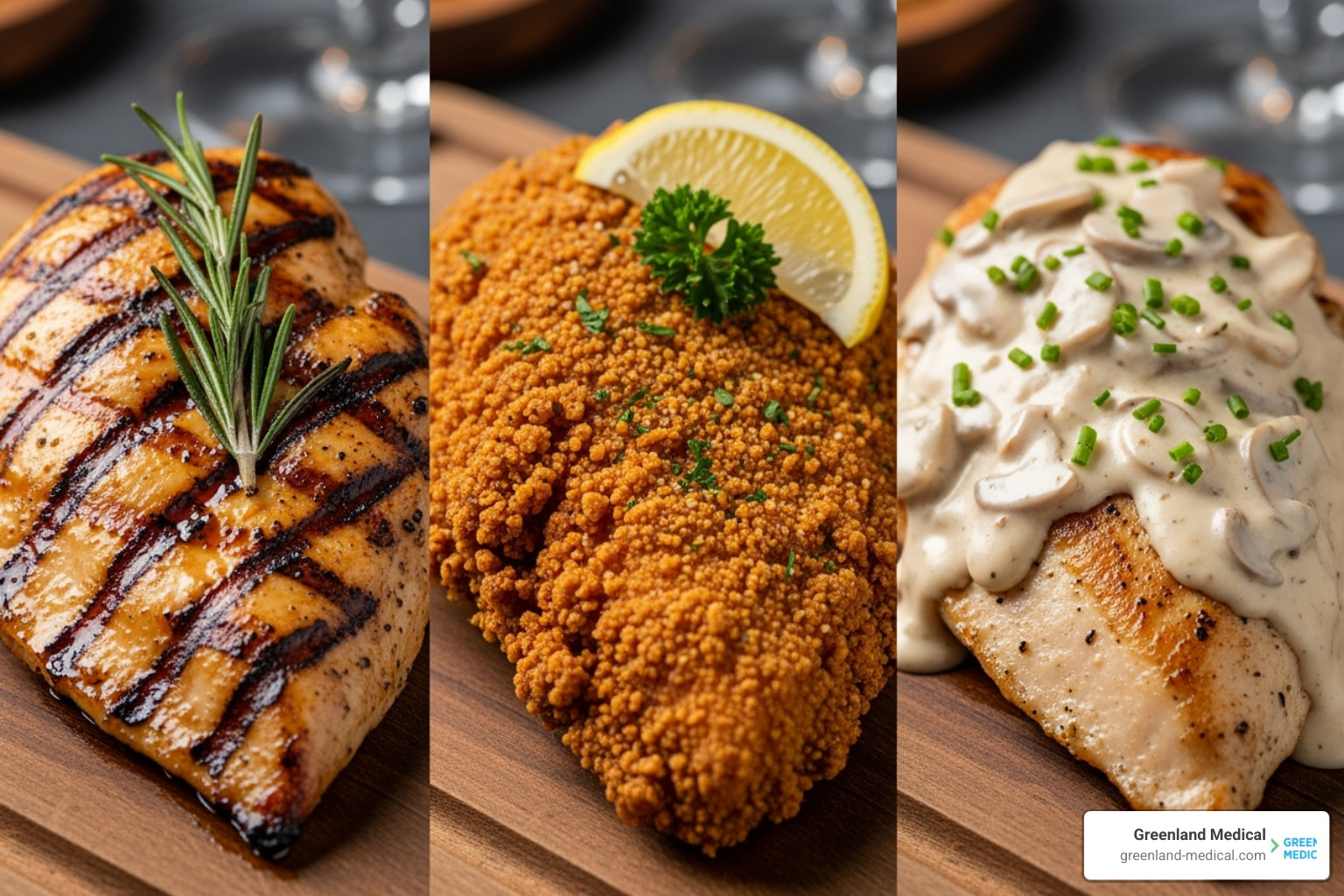 different chicken preparations: one grilled, one fried, one with a creamy sauce - calories in chicken breast