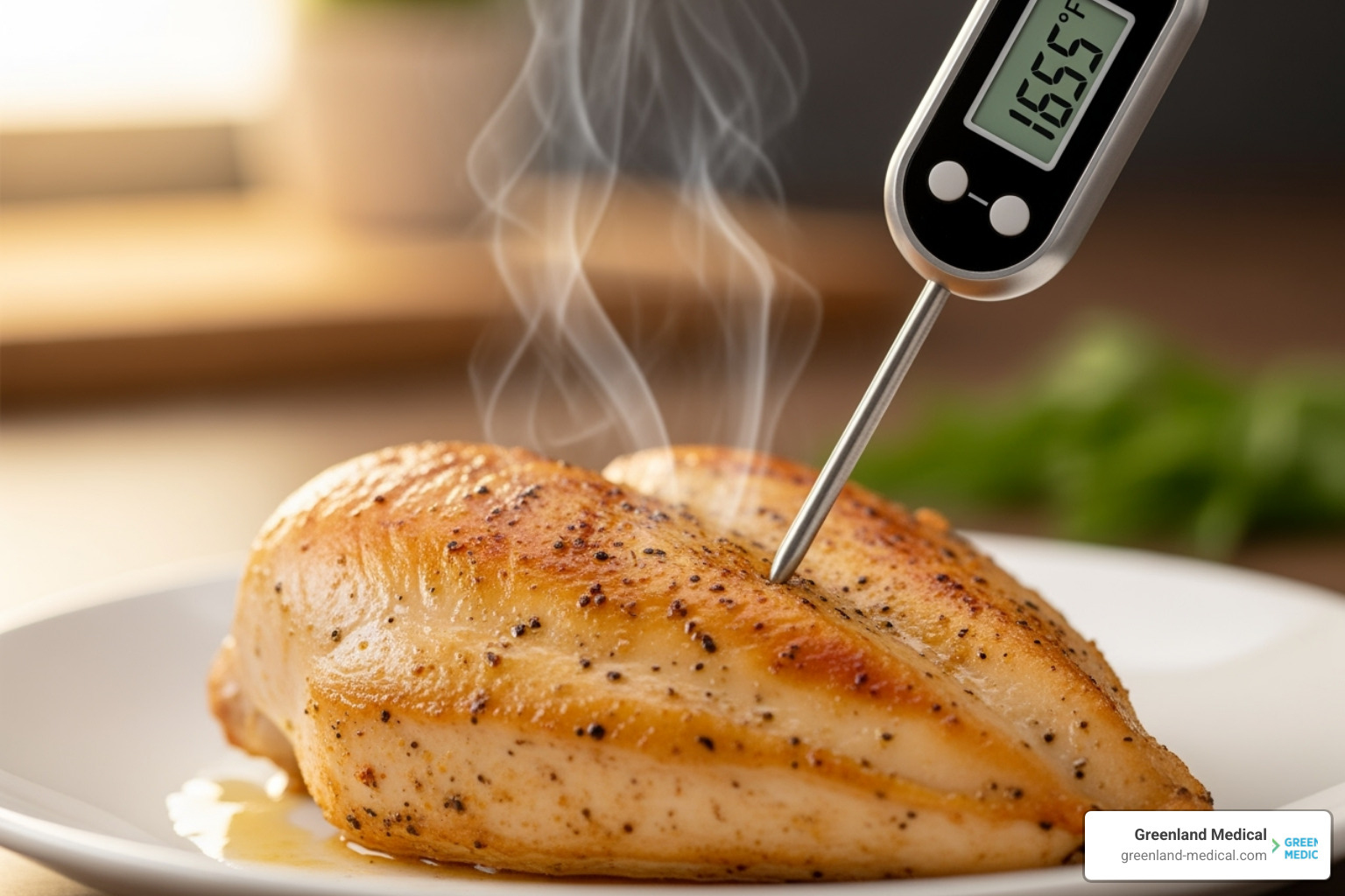 food thermometer being inserted into a chicken breast - calories in chicken breast