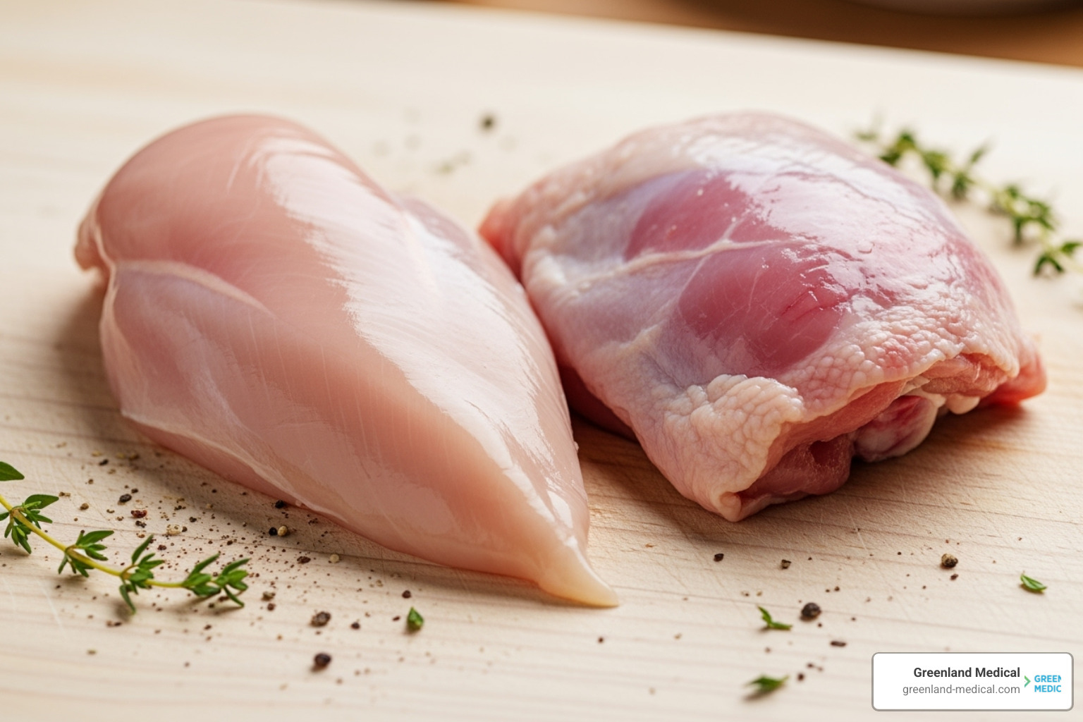 raw chicken breast next to a raw chicken thigh - calories in chicken breast