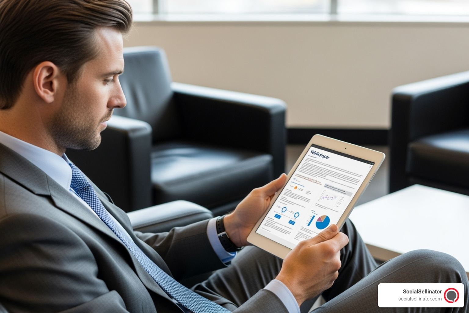 Professional reading a whitepaper on a tablet - b to b online marketing