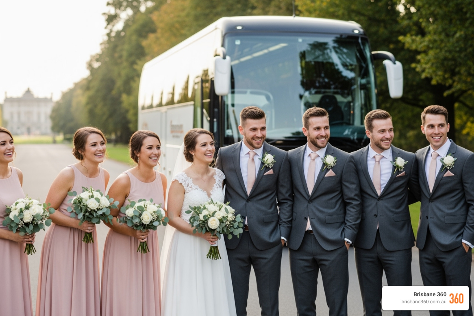 Happy wedding guests socialising on a modern coach - wedding bus hire Brisbane