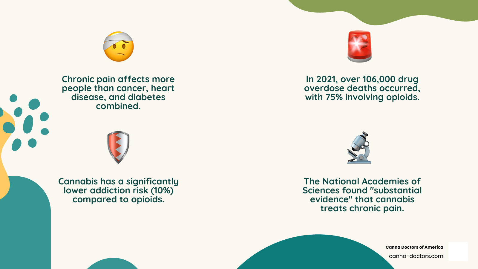 Infographic showing chronic pain statistics: affects more people than cancer, heart disease and diabetes combined, with over 106,000 overdose deaths in 2021 where 75% involved opioids, compared to cannabis with only 10% addiction risk and substantial evidence for chronic pain relief according to National Academies of Sciences - marijuana for pain relief infographic 4_facts_emoji_nature