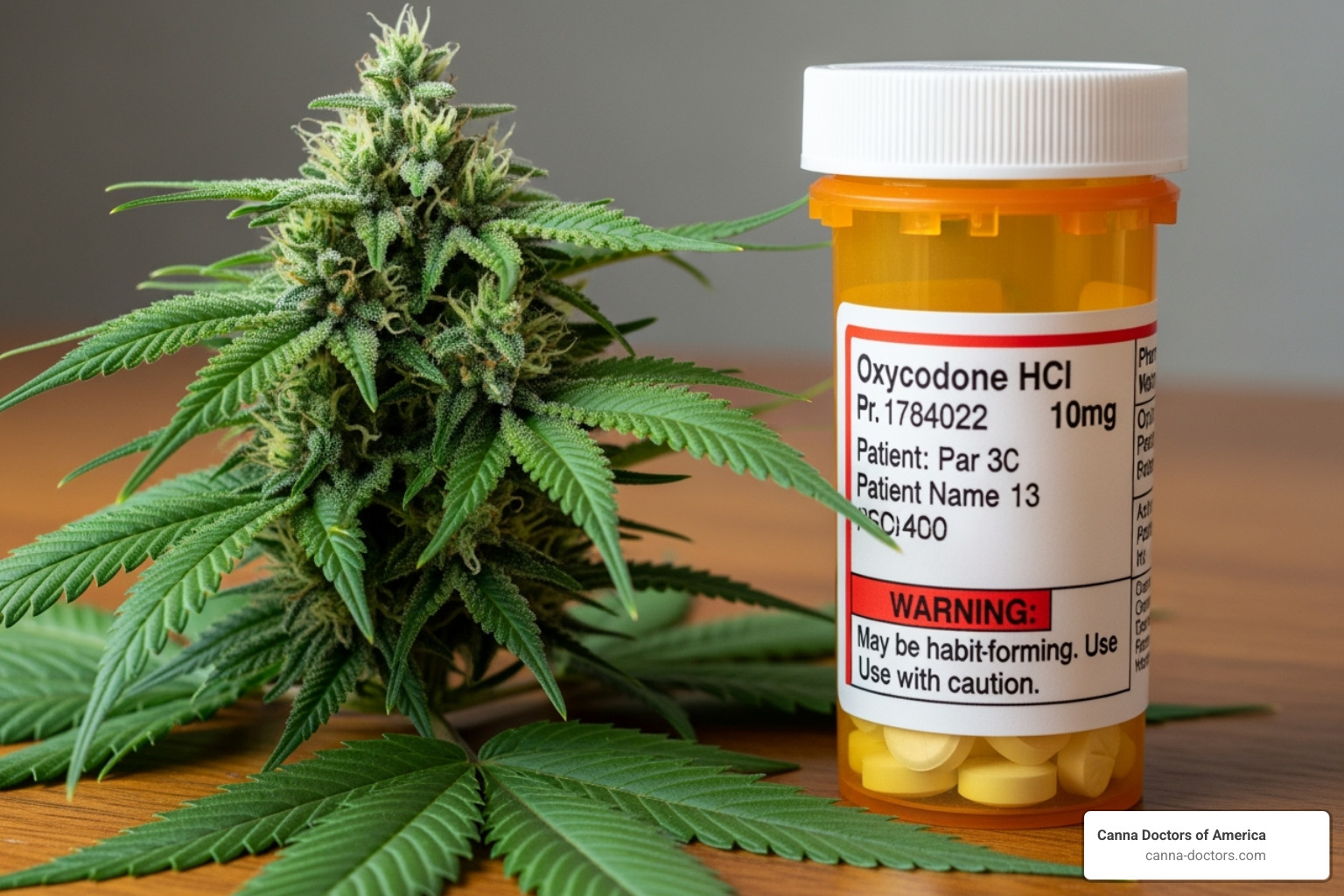 Cannabis plant next to a bottle of opioid pills with a warning sign - marijuana for pain relief