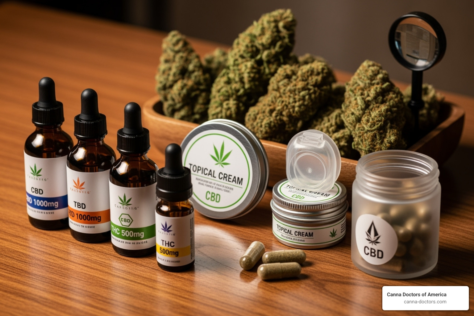 Different medical marijuana products available through licensed dispensaries including tinctures, capsules, topicals, and flower - marijuana for pain relief