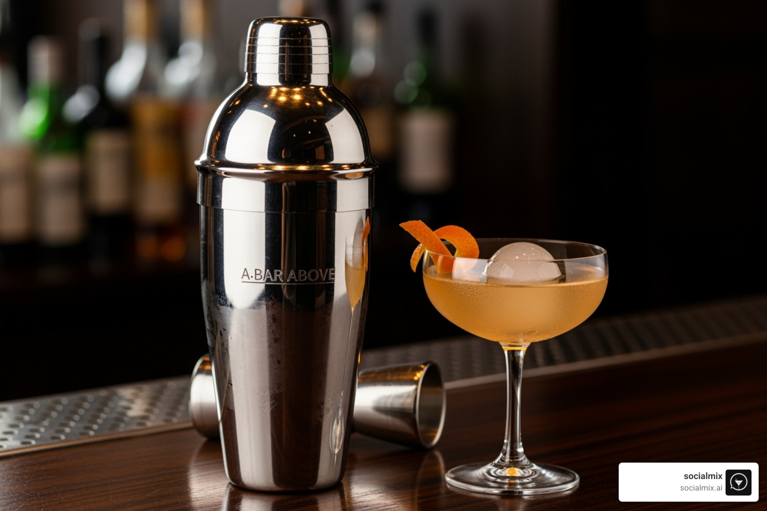 A Bar Above shaker set next to a finished cocktail with garnishes - best boston shaker