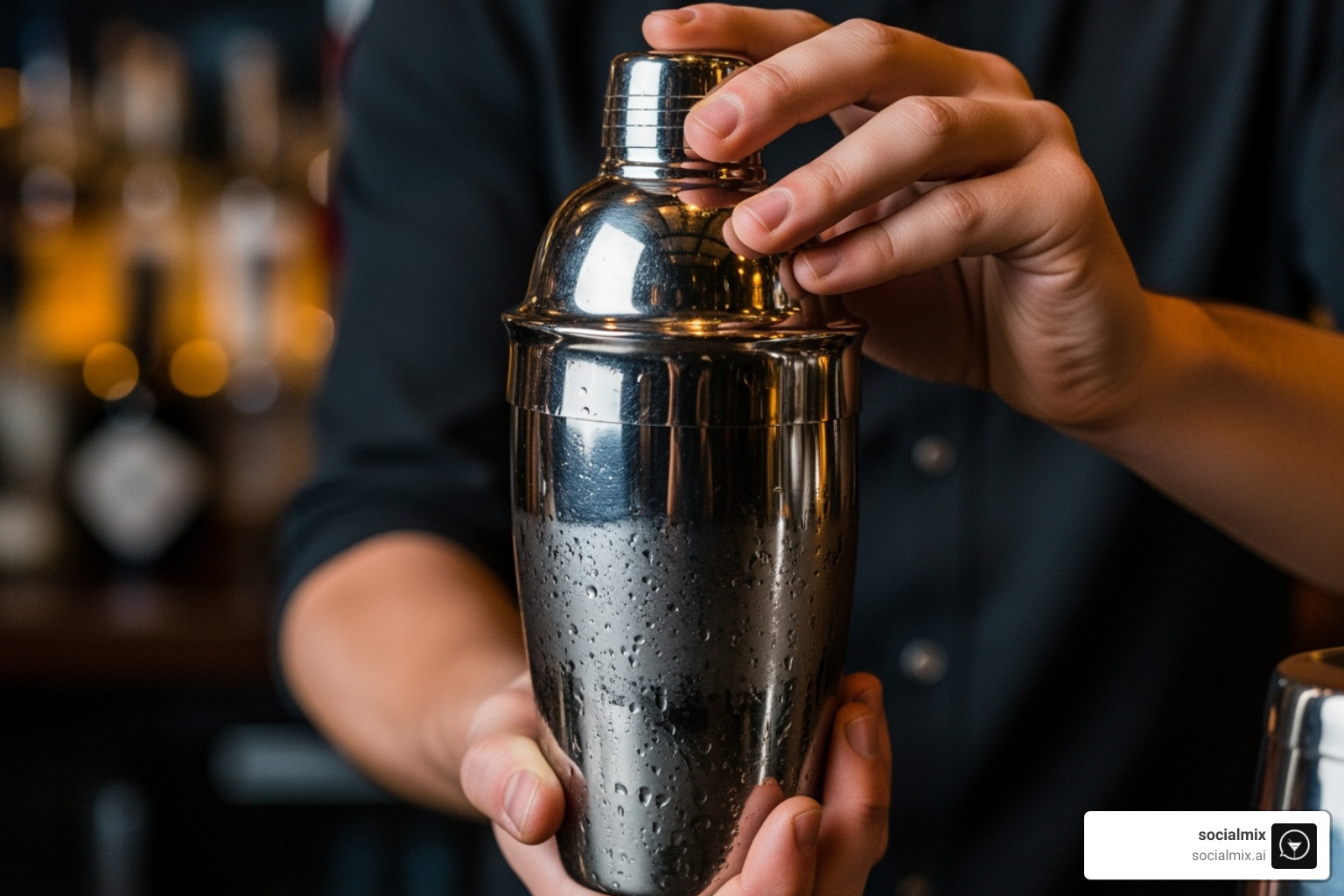 A bartender's hands holding two stainless steel shaker tins, one weighted, demonstrating the proper grip for shaking - best boston shaker