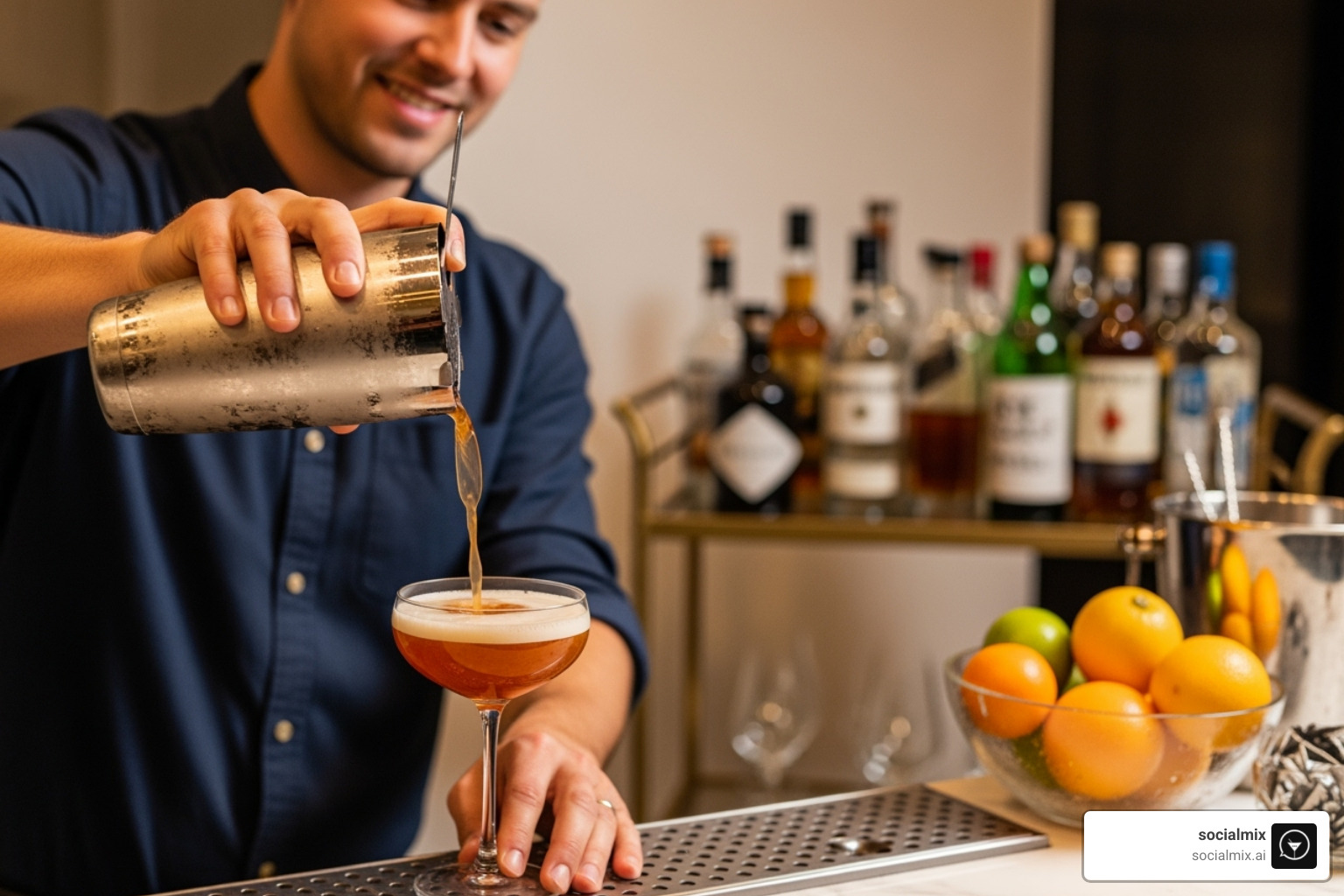 A person smiling while pouring a freshly made cocktail from a Boston shaker into a coupe glass, with a bar cart in the background - best boston shaker