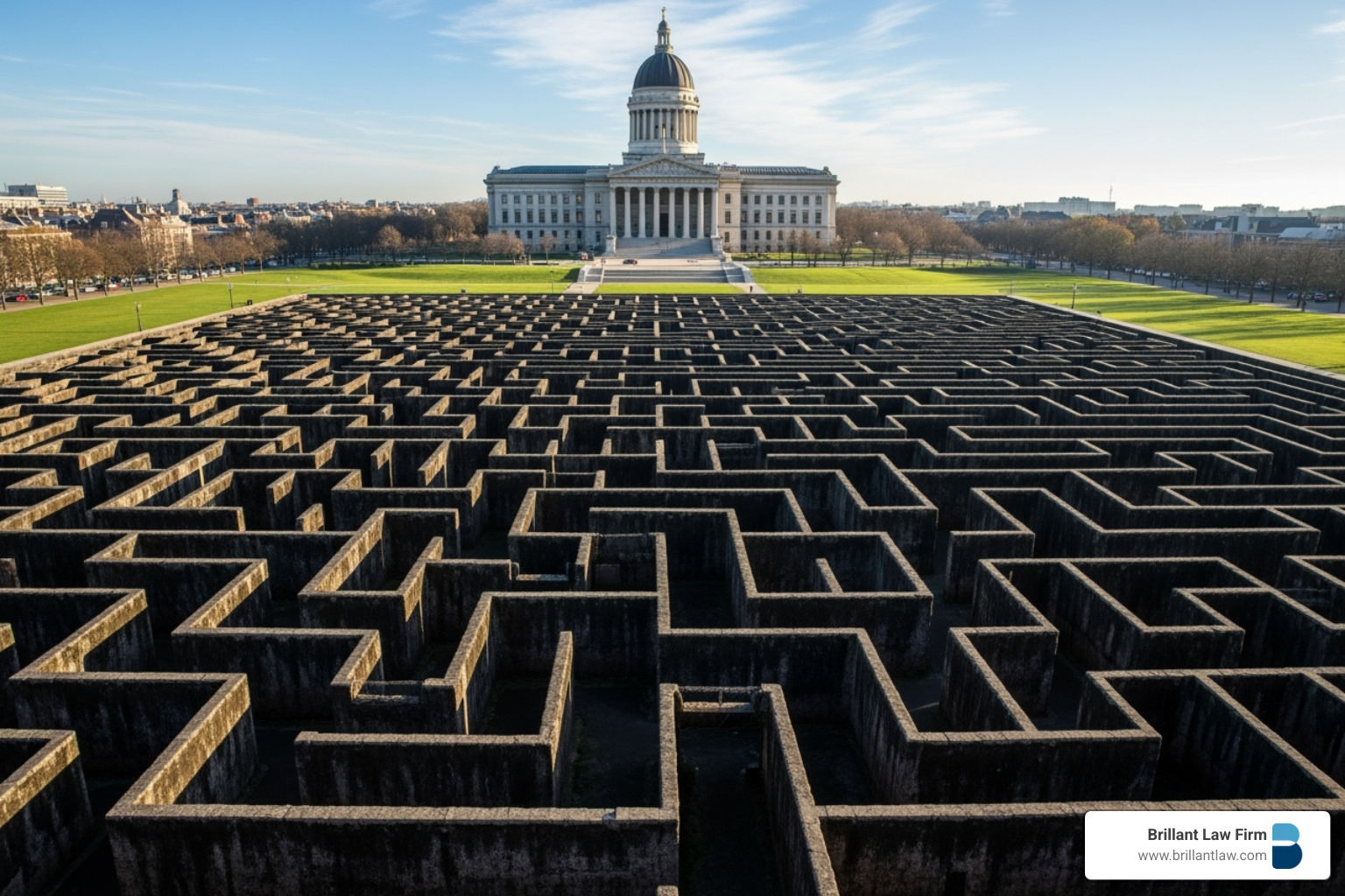 A complex maze leading to a courthouse, symbolizing the difficulty and intricate path to proving legal malpractice. - attorney negligence