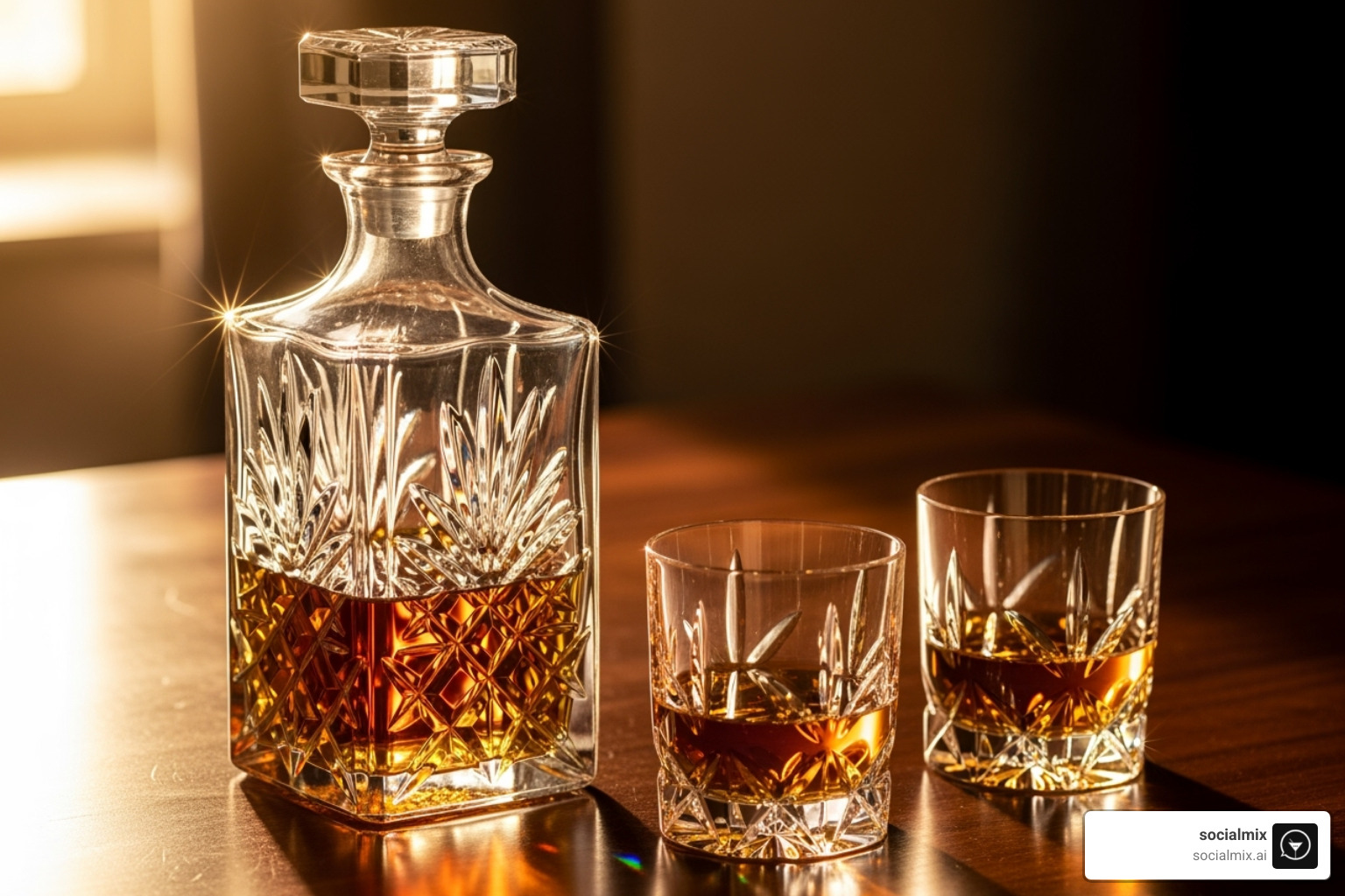 A crystal whiskey decanter next to matching tumblers, catching the light - classy bar accessories