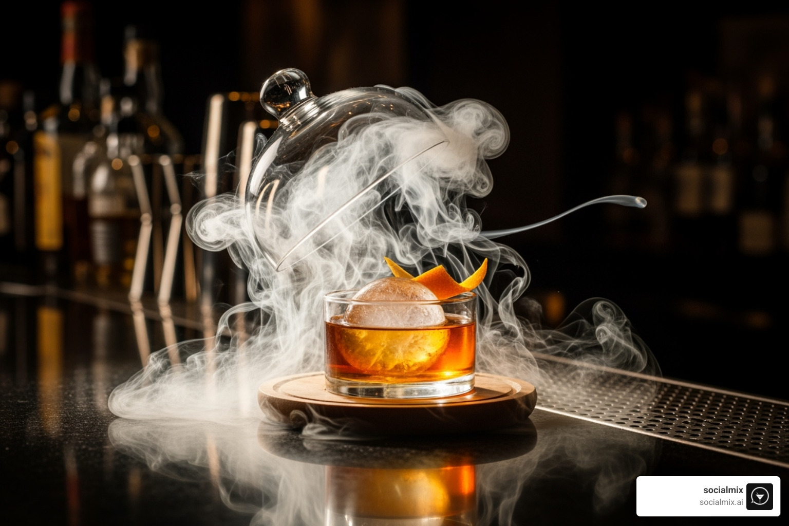 A cocktail being smoked with a cloche smoker - classy bar accessories