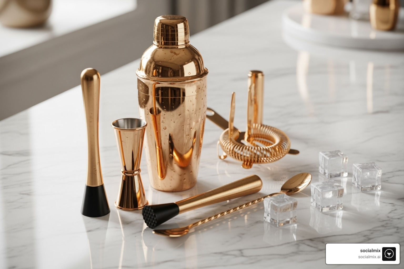 A matching set of gold or copper bar tools on a marble countertop - classy bar accessories