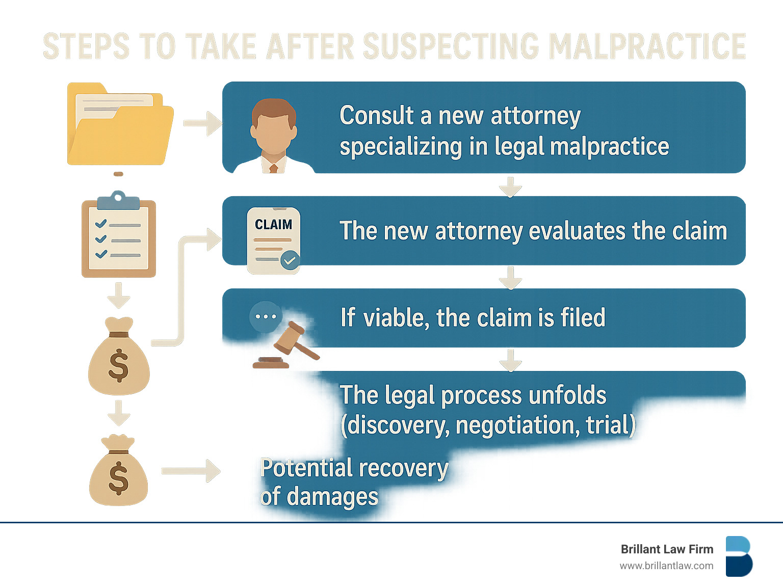Flowchart showing the steps to take after suspecting malpractice: 1. Gather all documents related to the case. 2. Consult a new attorney specializing in legal malpractice. 3. The new attorney evaluates the claim. 4. If viable, the claim is filed. 5. The legal process unfolds (findy, negotiation, trial). 6. Potential recovery of damages. - attorney negligence infographic 