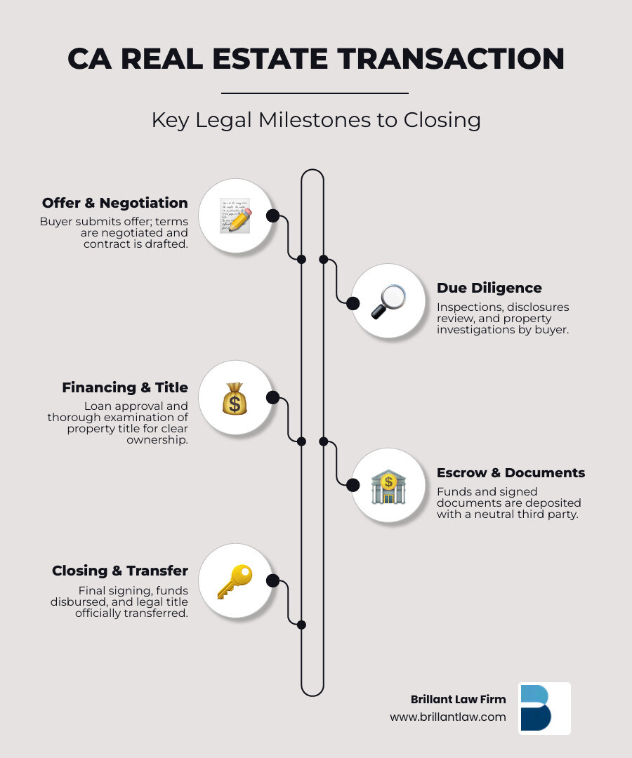 Comprehensive overview of California real estate transaction process showing key legal milestones from initial offer through closing, including contract negotiation, due diligence period, financing approval, title review, and final settlement with attorney checkpoints at each stage - real estate law walnut creek infographic infographic-line-5-steps-neat_beige