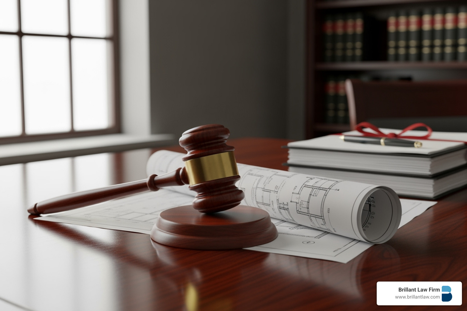 a blueprint and a gavel on a desk - real estate law walnut creek