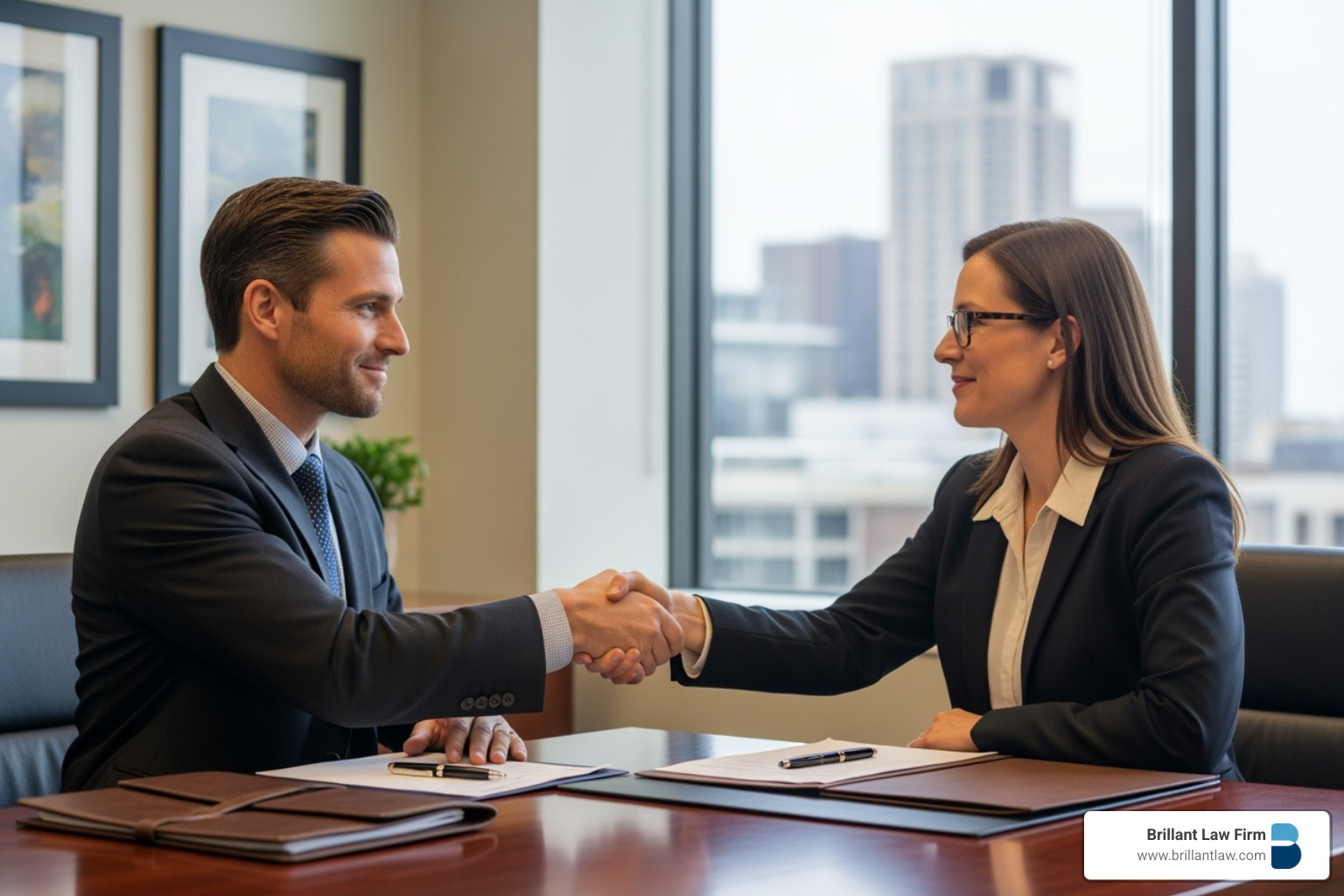 a client shaking hands with an attorney in a professional office setting - real estate law walnut creek