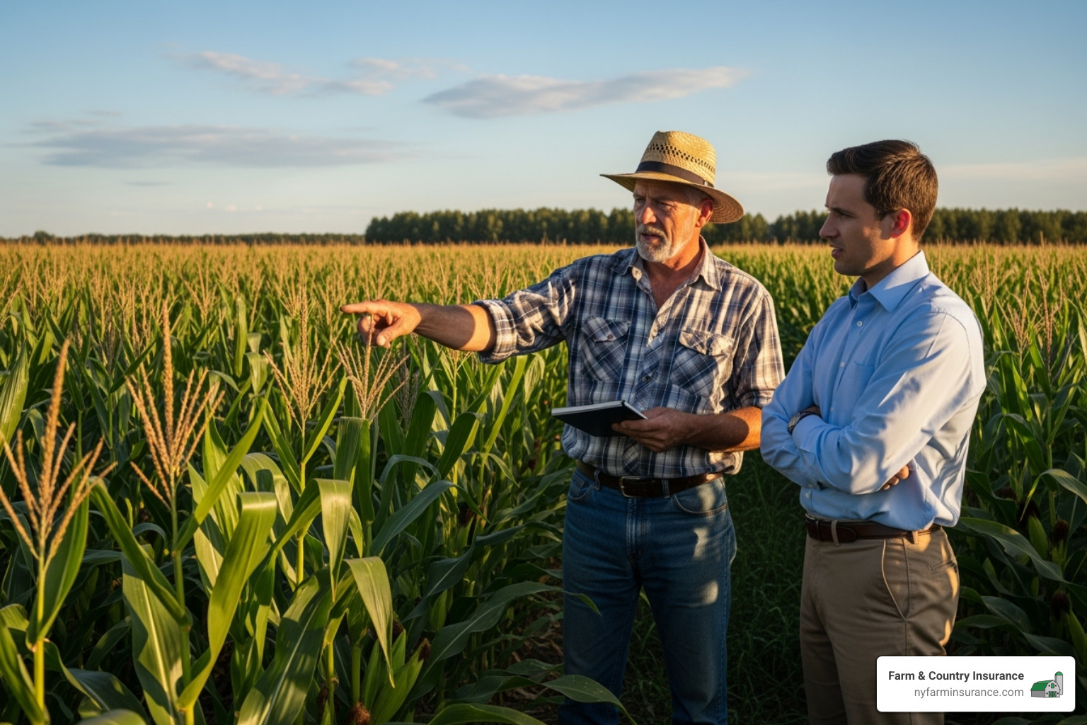 Farmer meeting with an insurance agent in a field - NY state crop insurance