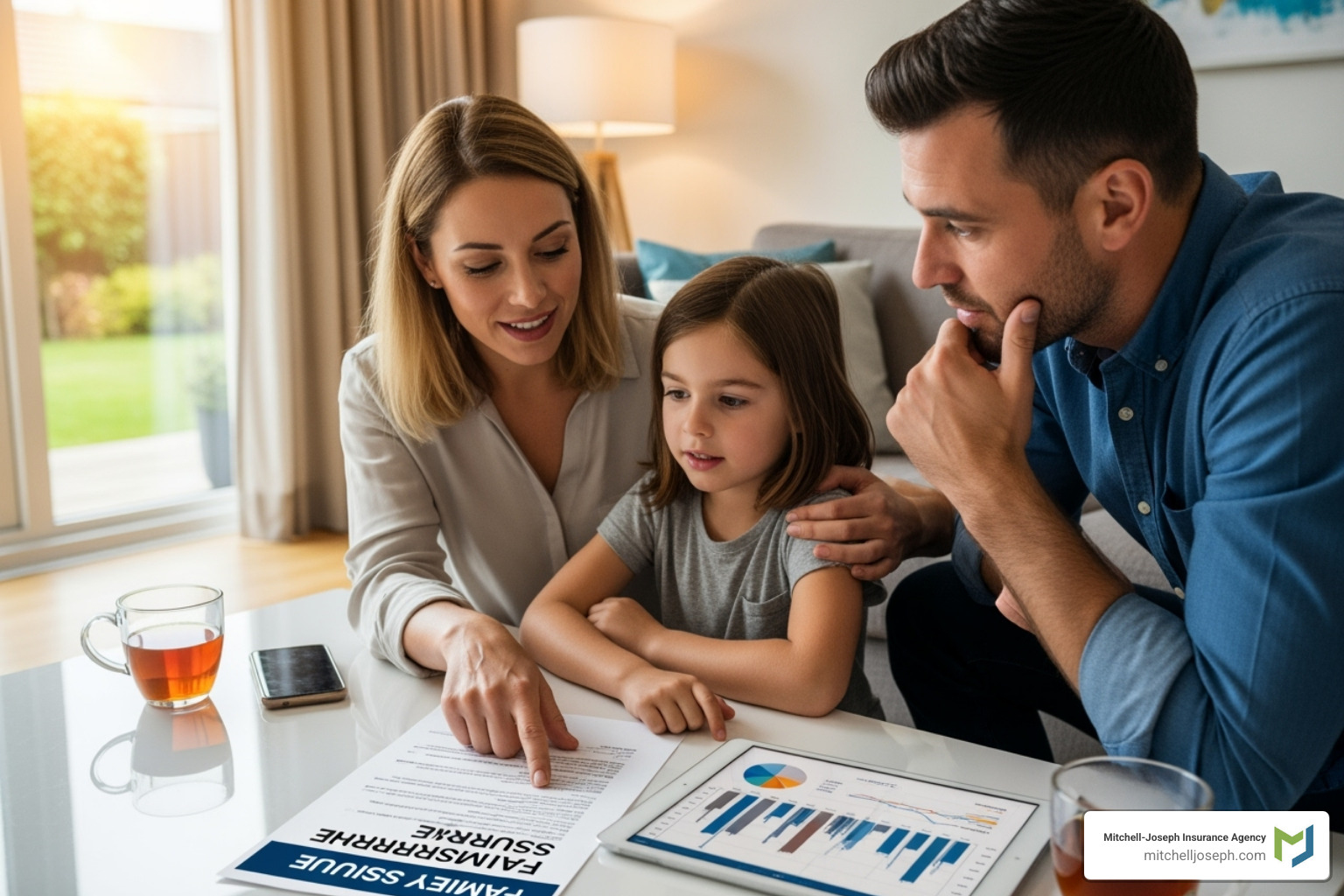 family reviewing an insurance policy document - New York home insurance rates family reviewing an insurance policy document - New York home insurance rates