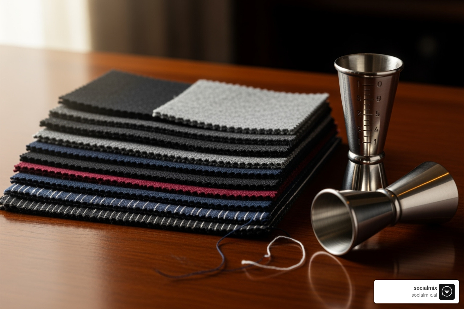 Fabric swatches for bartender uniforms next to a jigger - bartender uniforms men