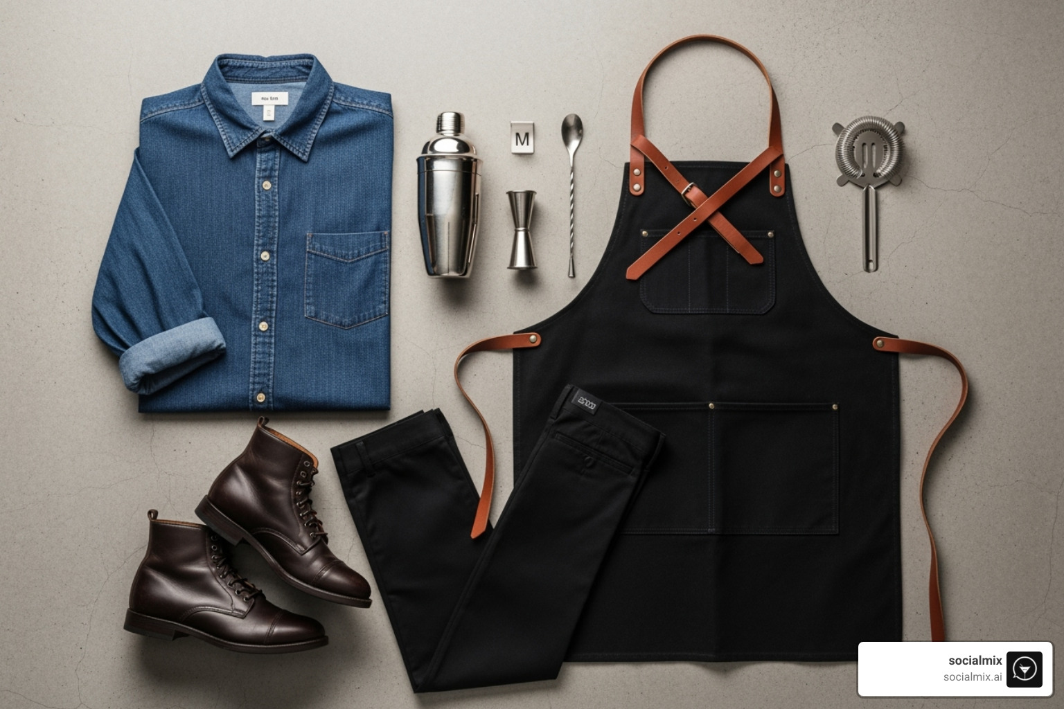 Modern urban barman uniform flat lay with Boston shaker - bartender uniforms men