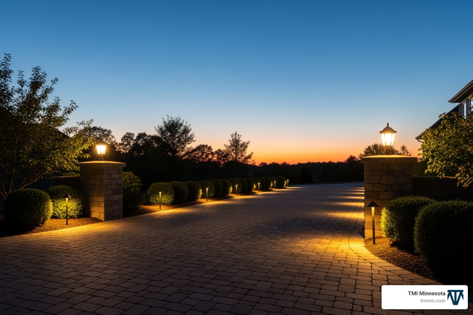 Driveway at dusk illuminated by neat, low-voltage path lights and pillar lights - Driveway landscaping designs