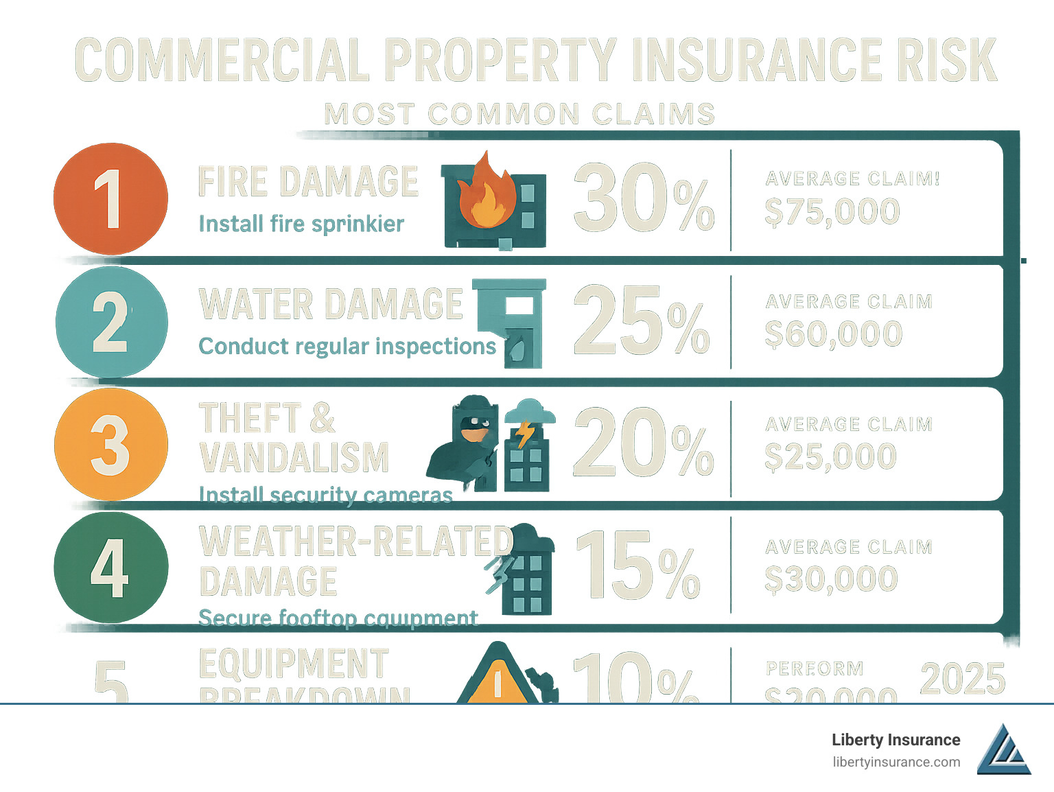 Infographic showing the top 5 most common commercial property insurance claims: fire damage accounting for 30% of claims, water damage at 25%, theft and vandalism at 20%, weather-related damage at 15%, and equipment breakdown at 10%, with average claim costs and prevention tips for each category - commercial property insurance risk infographic Infographic showing the top 5 most common commercial property insurance claims: fire damage accounting for 30% of claims, water damage at 25%, theft and vandalism at 20%, weather-related damage at 15%, and equipment breakdown at 10%, with average claim costs and prevention tips for each category - commercial property insurance risk infographic