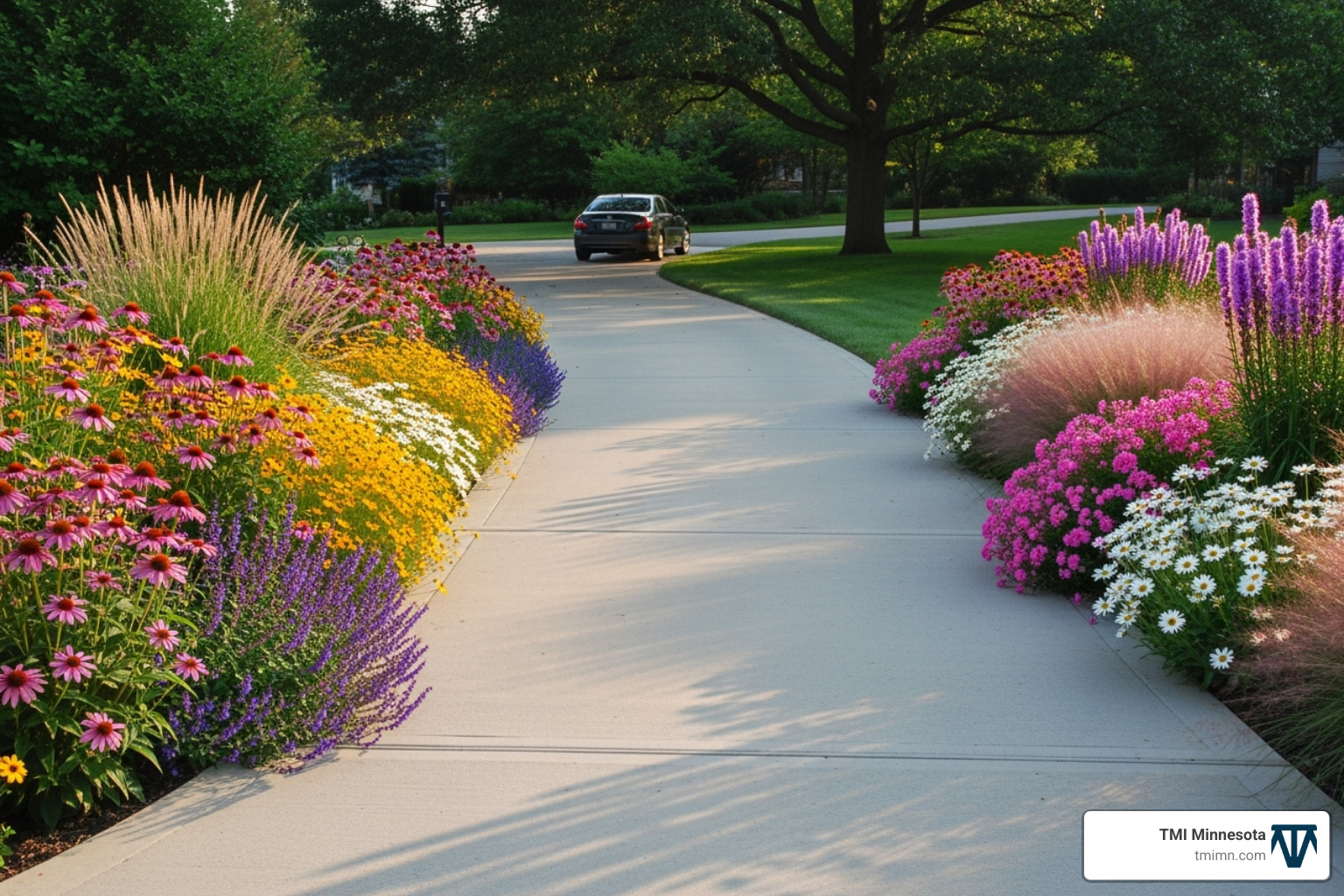 Driveway bordered by vibrant perennial beds and ornamental grasses - Driveway landscaping designs