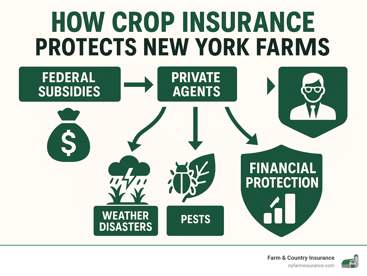 Infographic showing how crop insurance protects New York farms through federal subsidies, private agents, and coverage against weather disasters, pests, and market changes resulting in financial protection for farmers - NY state crop insurance infographic 