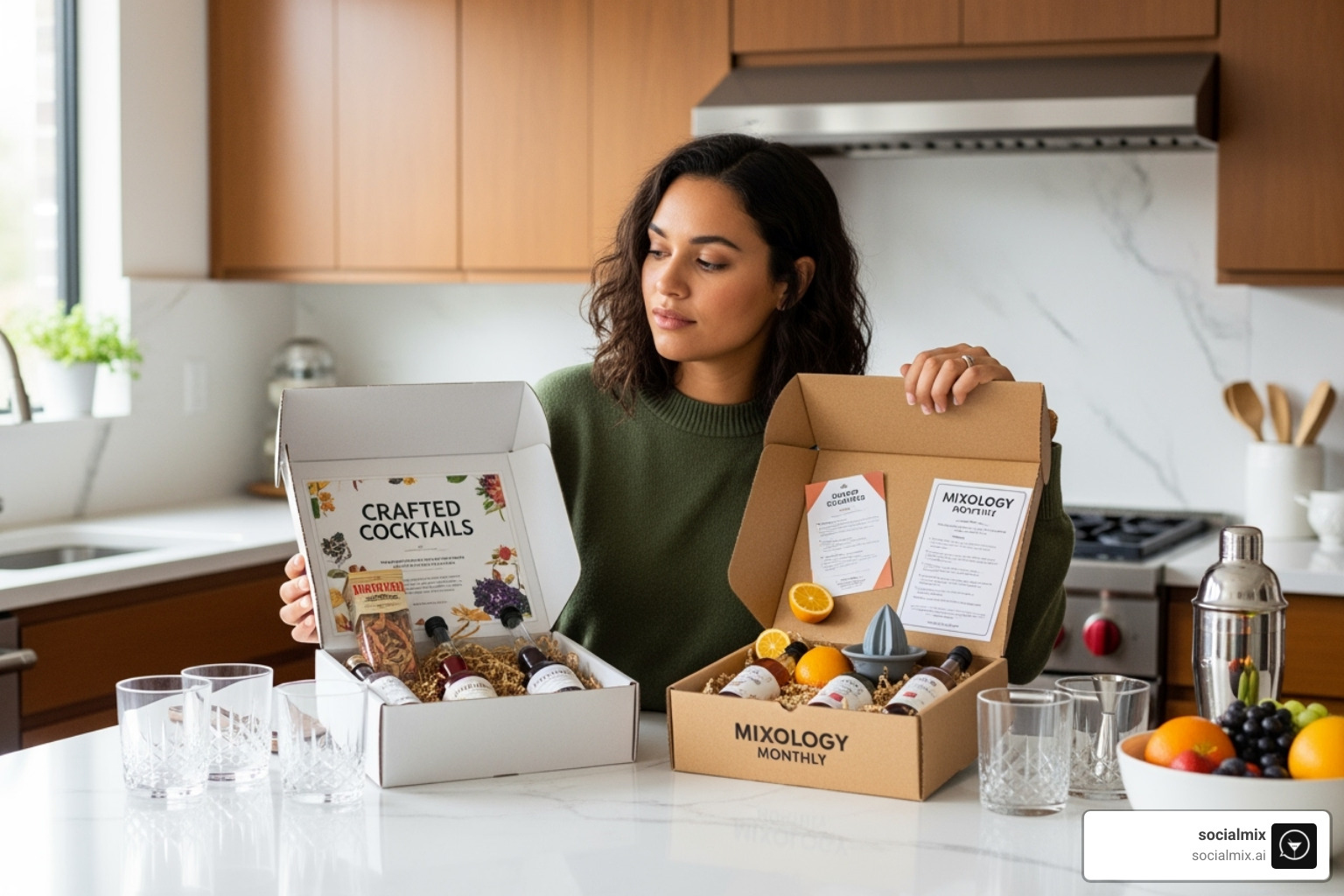 person thoughtfully comparing two different cocktail subscription boxes - cocktail kit subscription box