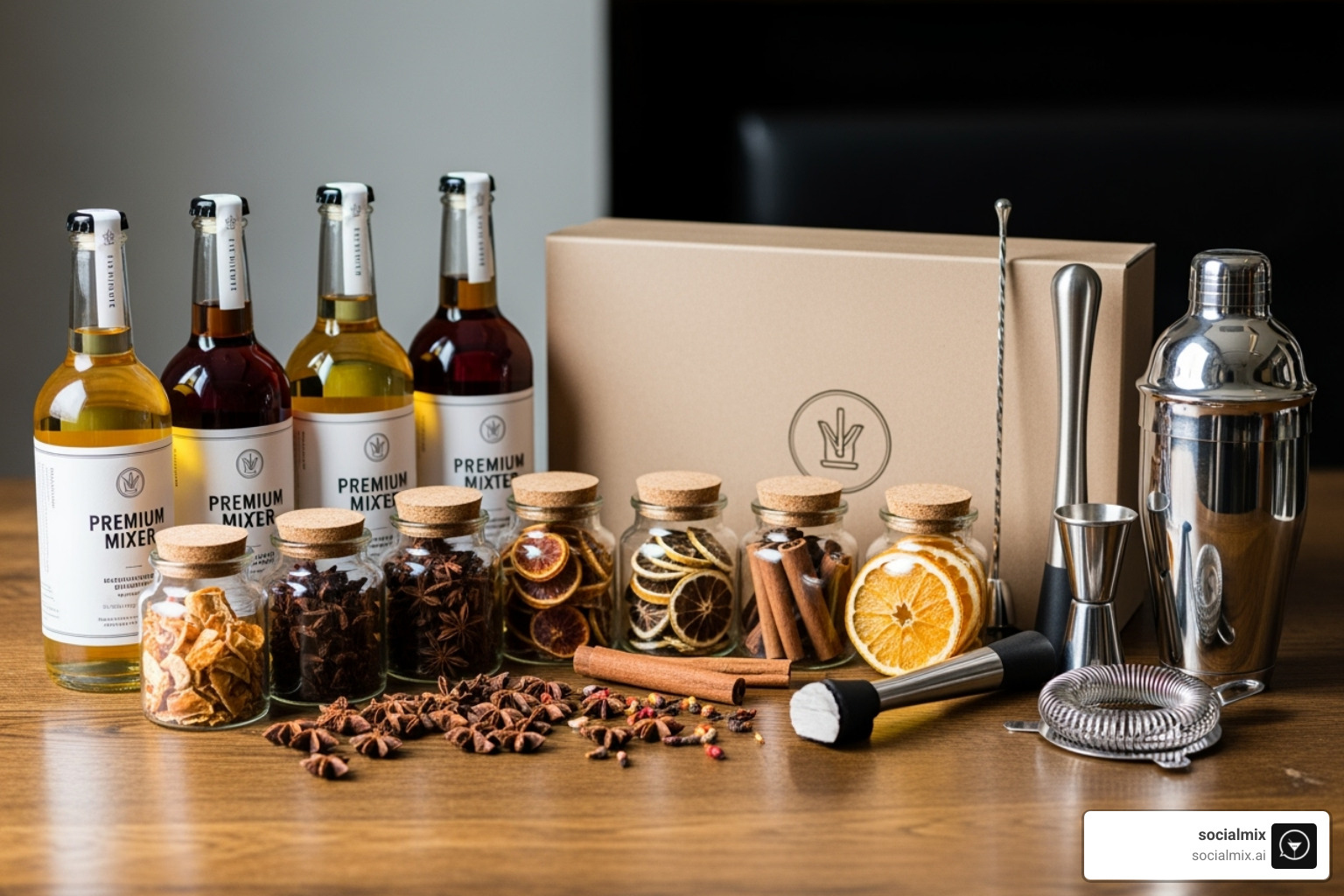 complete Socialmix kit including premium mixers and garnishes - cocktail kit subscription box