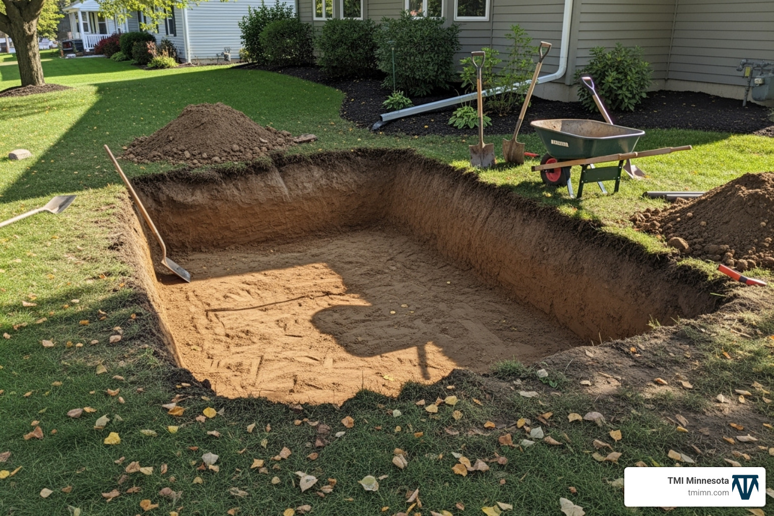 The excavation process for a rain garden, showing a shallow, flat-bottomed depression with gently sloped sides - Rain garden design MN