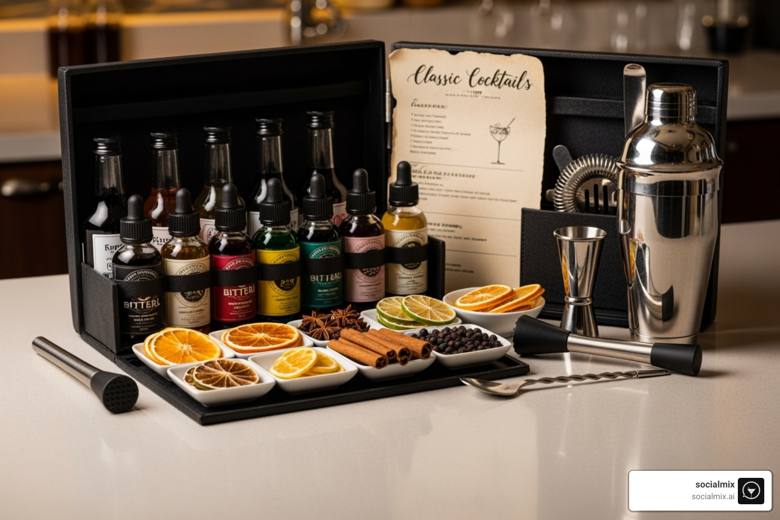 open cocktail kit on a counter, showing syrups, bitters, garnishes, and a recipe card - cocktail kit subscription box
