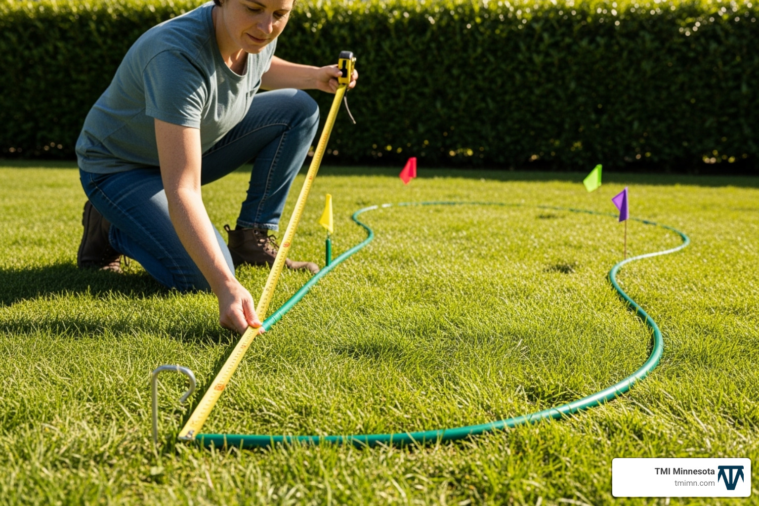 A homeowner using a measuring tape and hose to outline a rain garden space in their yard - Rain garden design MN