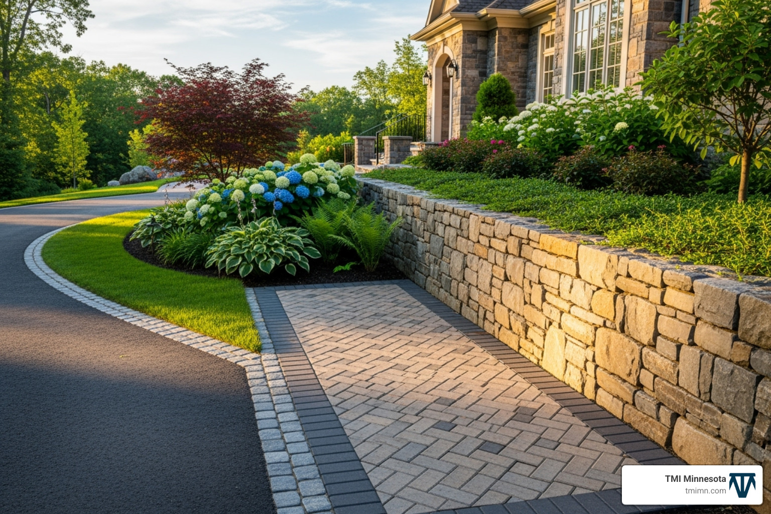 Driveway with a stone retaining wall, paver walkway, and decorative edging - Driveway landscaping designs
