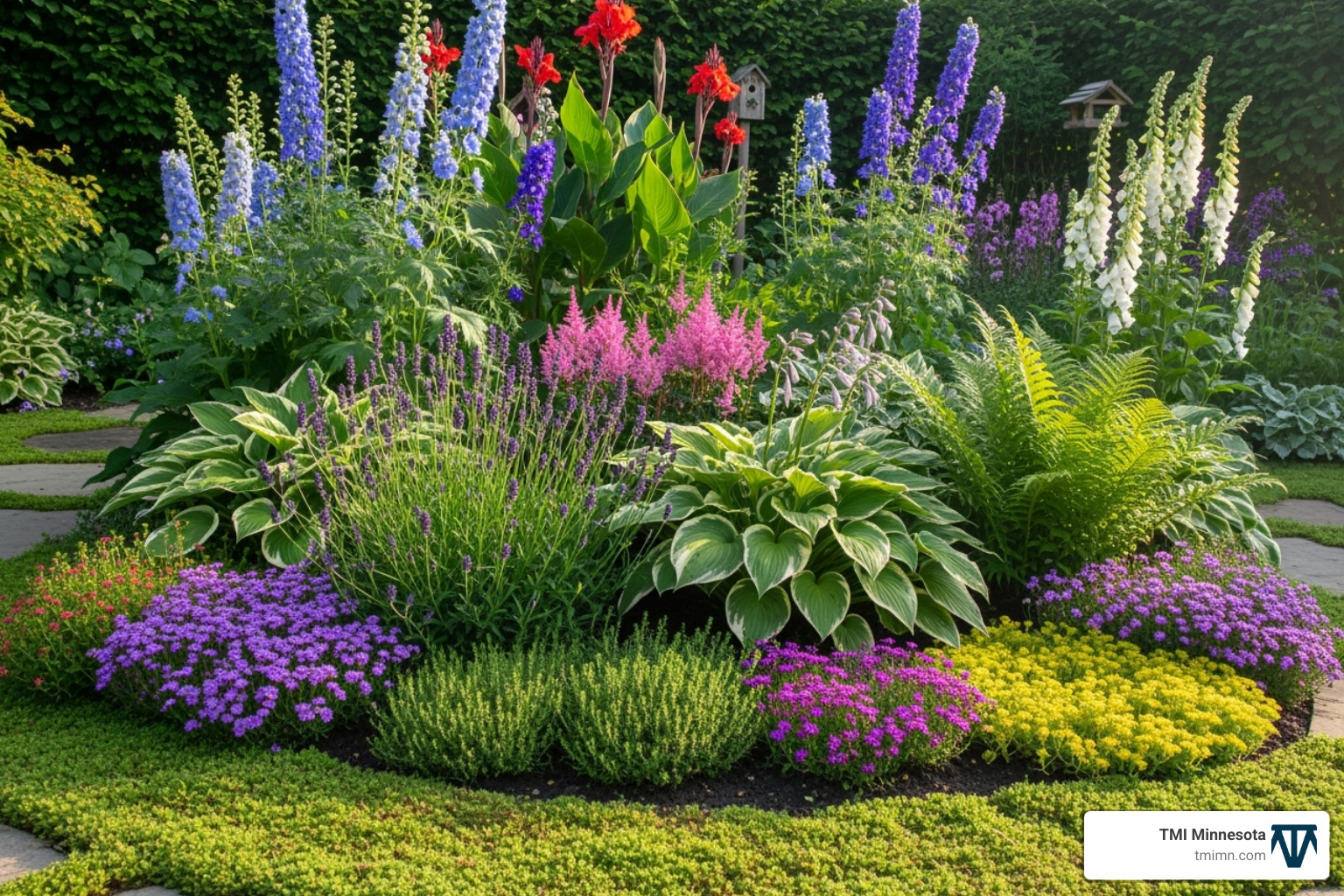 A lush, layered garden border with plants of varying heights, colors, and textures - Beautiful garden landscaping A lush, layered garden border with plants of varying heights, colors, and textures - Beautiful garden landscaping