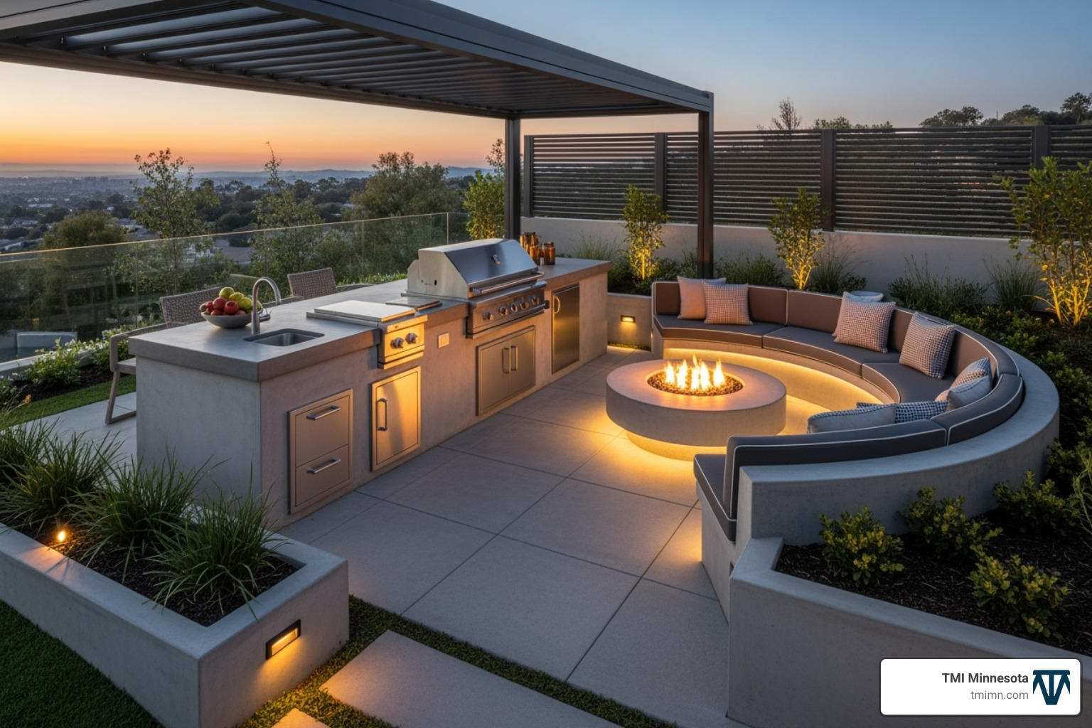 A modern patio with an outdoor kitchen, fire pit, and integrated seating - Beautiful garden landscaping A modern patio with an outdoor kitchen, fire pit, and integrated seating - Beautiful garden landscaping