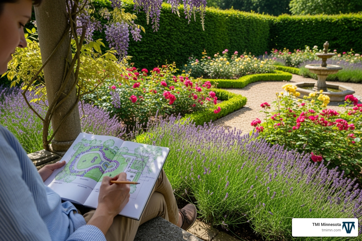 A person sketching a garden plan on a notepad with the garden in the background - Beautiful garden landscaping A person sketching a garden plan on a notepad with the garden in the background - Beautiful garden landscaping