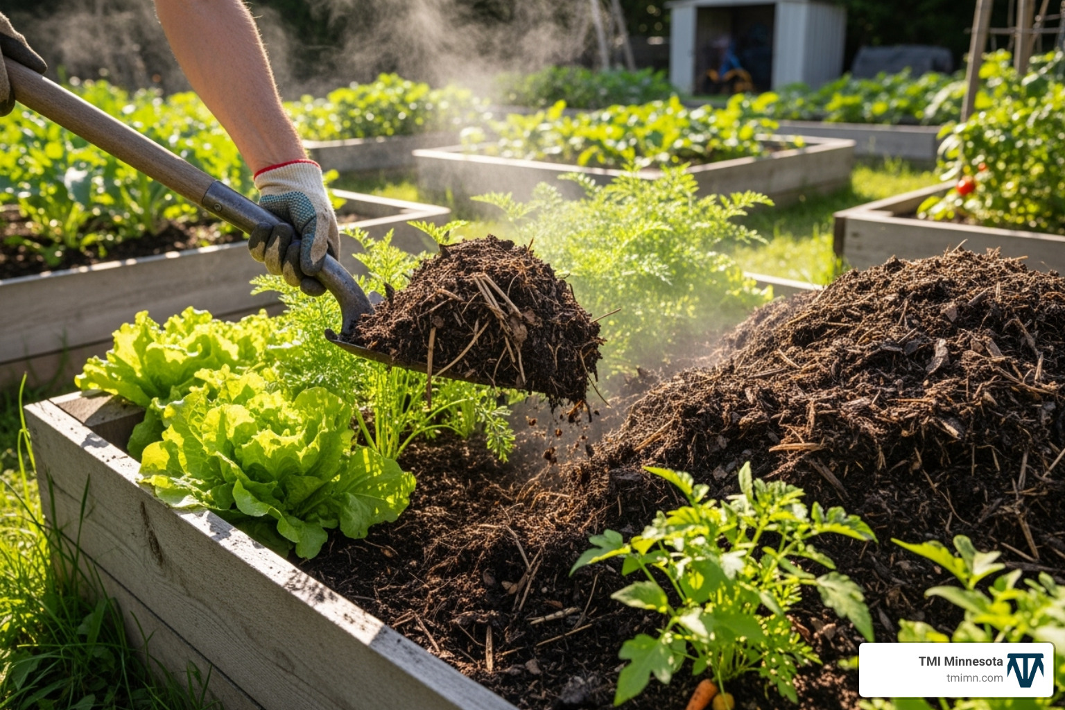 A rich compost pile being added to a garden bed - Eco-friendly landscape design