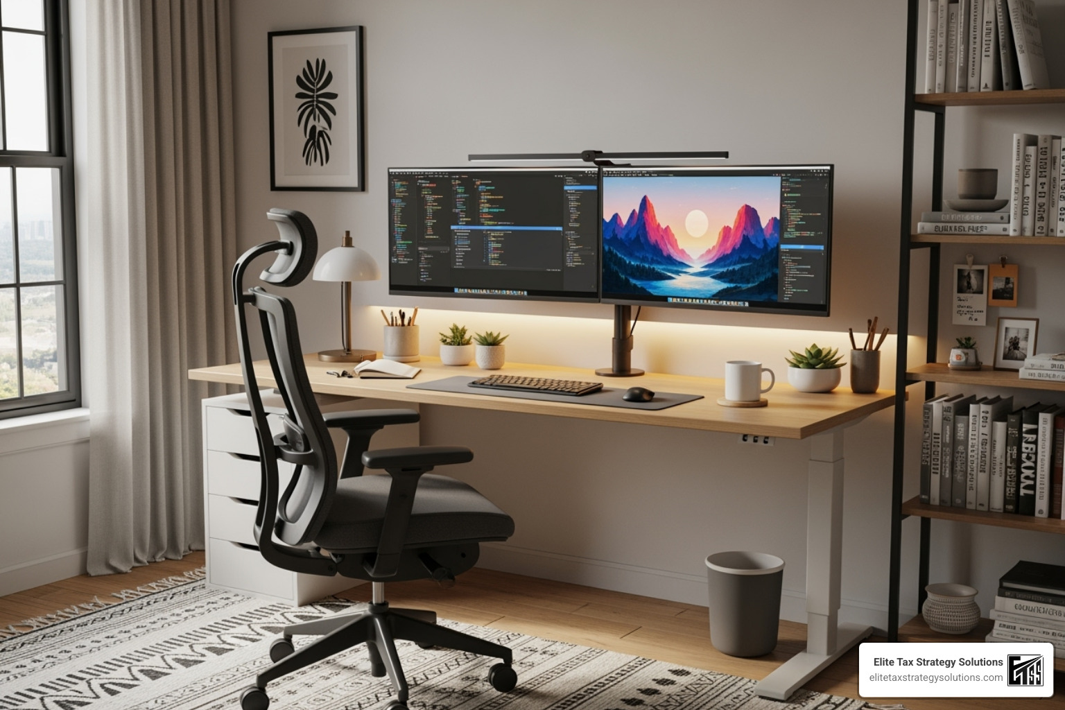 A modern home office setup with dual monitors and ergonomic chair - tax deductible expense categories A modern home office setup with dual monitors and ergonomic chair - tax deductible expense categories