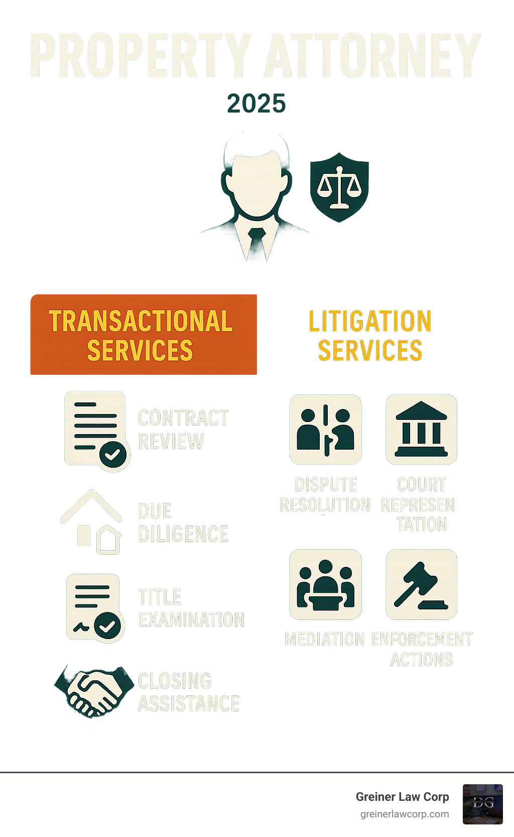 Infographic showing the dual roles of a property attorney: on the left side "Transactional Services" with icons for contract review, due diligence, title examination, and closing assistance; on the right side "Litigation Services" with icons for dispute resolution, court representation, mediation, and enforcement actions - property attorney los angeles infographic 