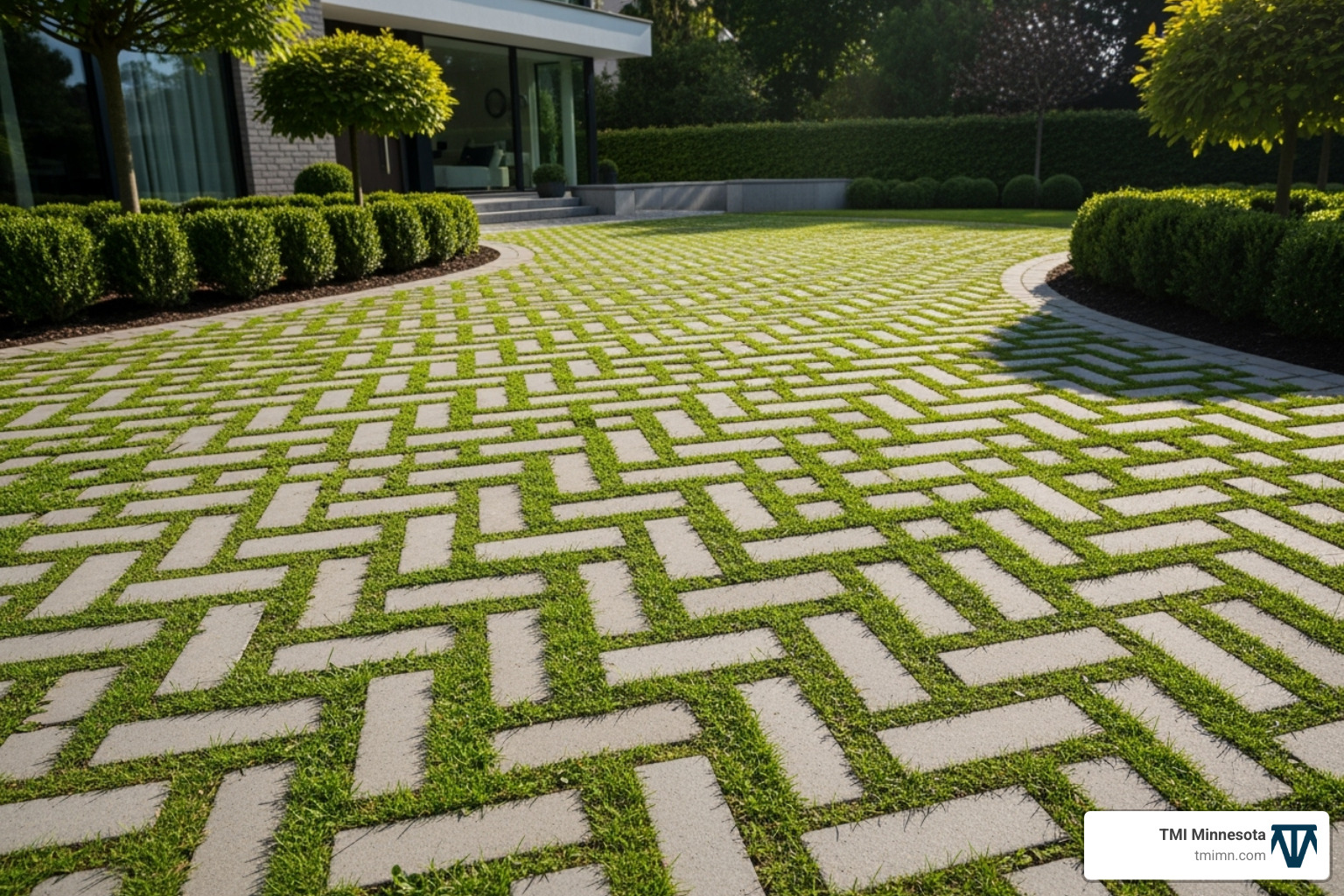 A modern permeable paver driveway with grass growing between the stones - Eco-friendly landscape design