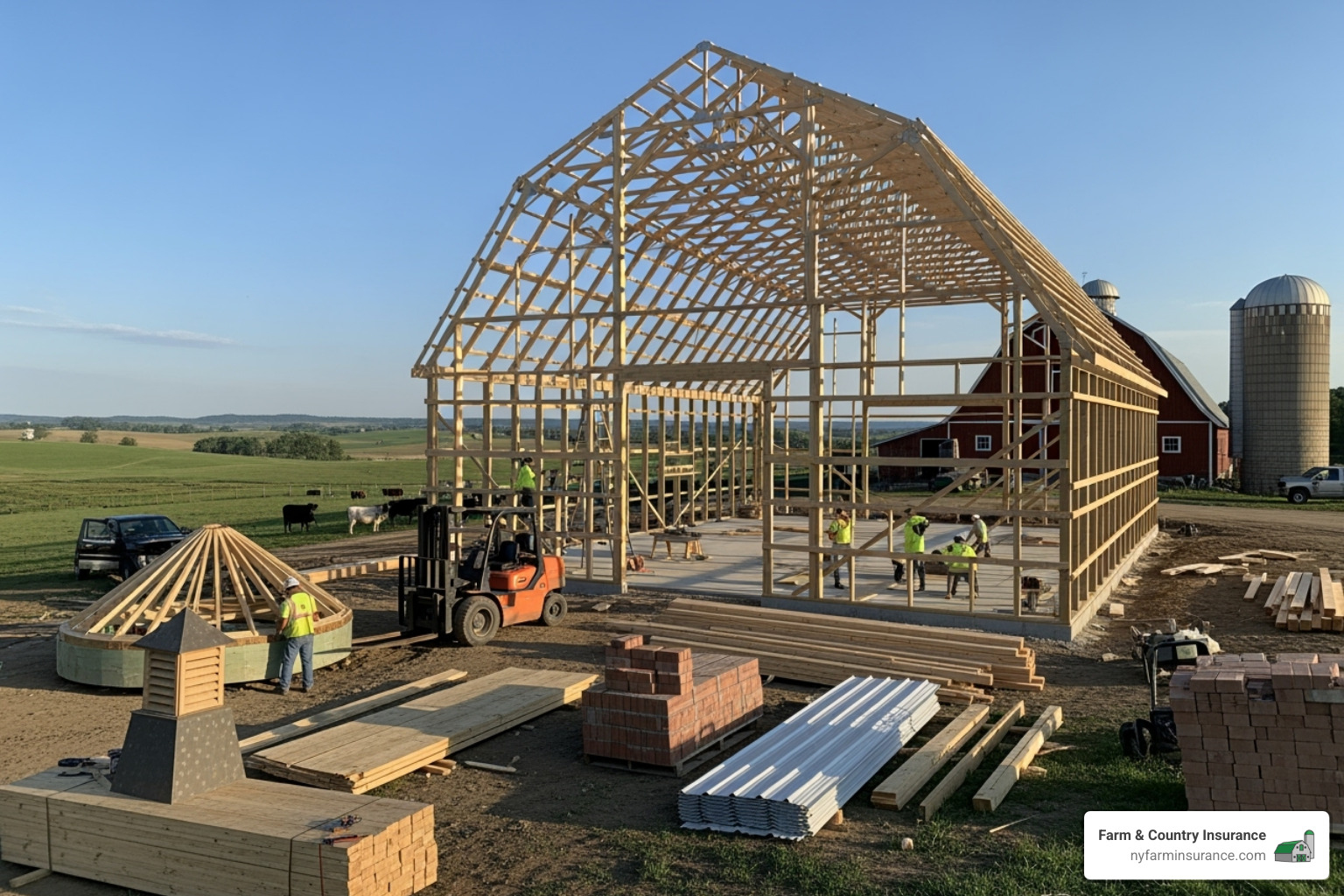 new barn being constructed on a farm - insurance for farm buildings new barn being constructed on a farm - insurance for farm buildings